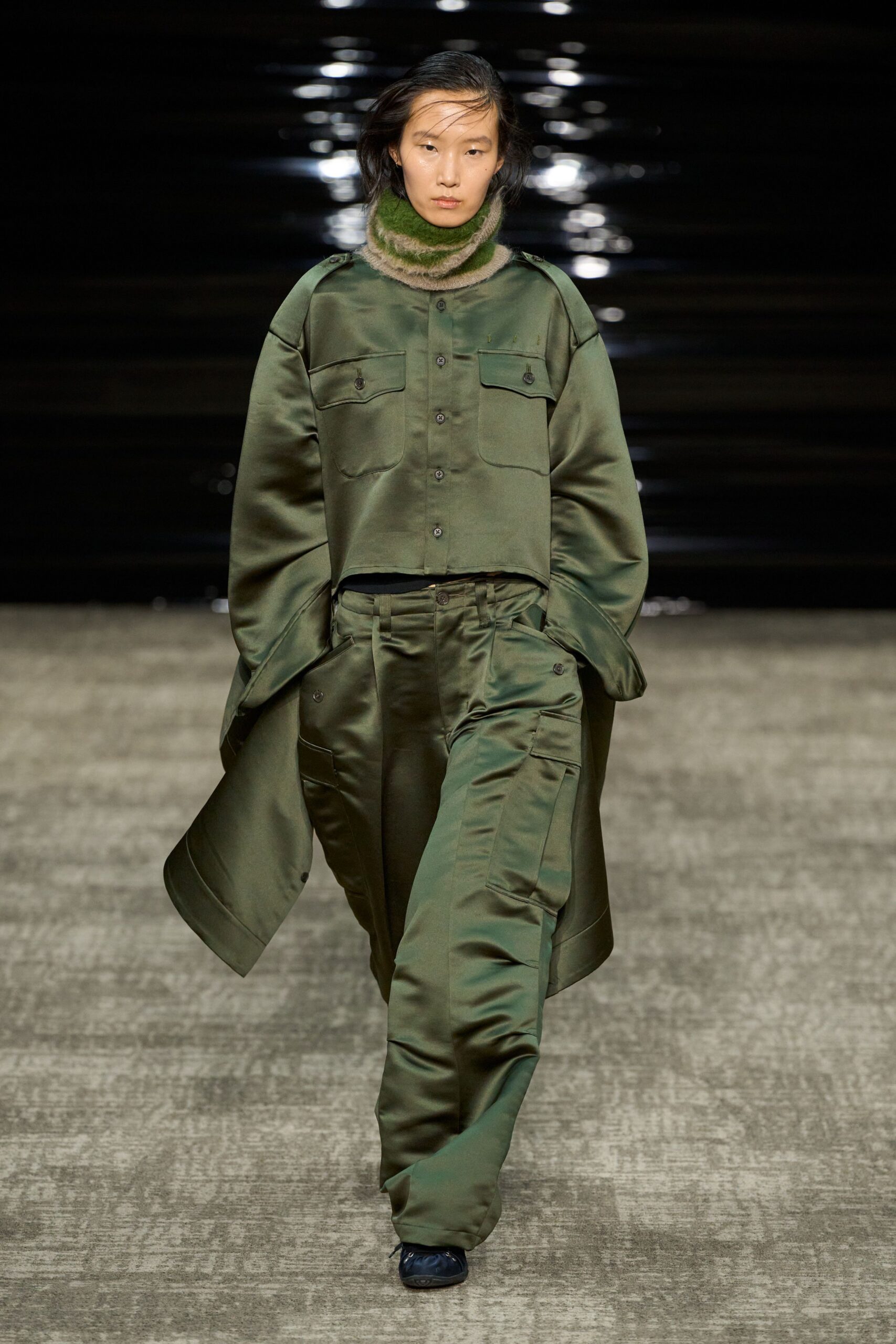 green satin jacket and pants
