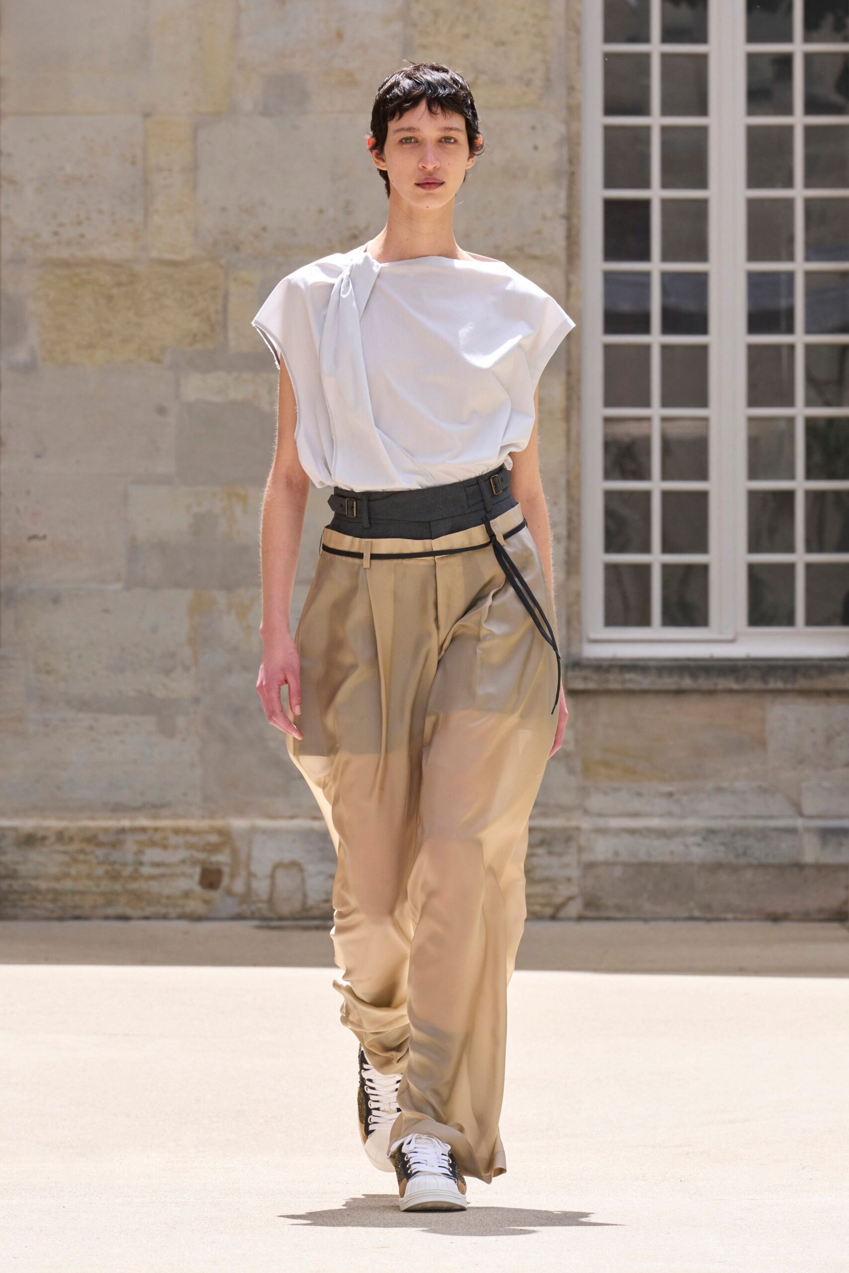 beige silk fitted pleated sheer pants