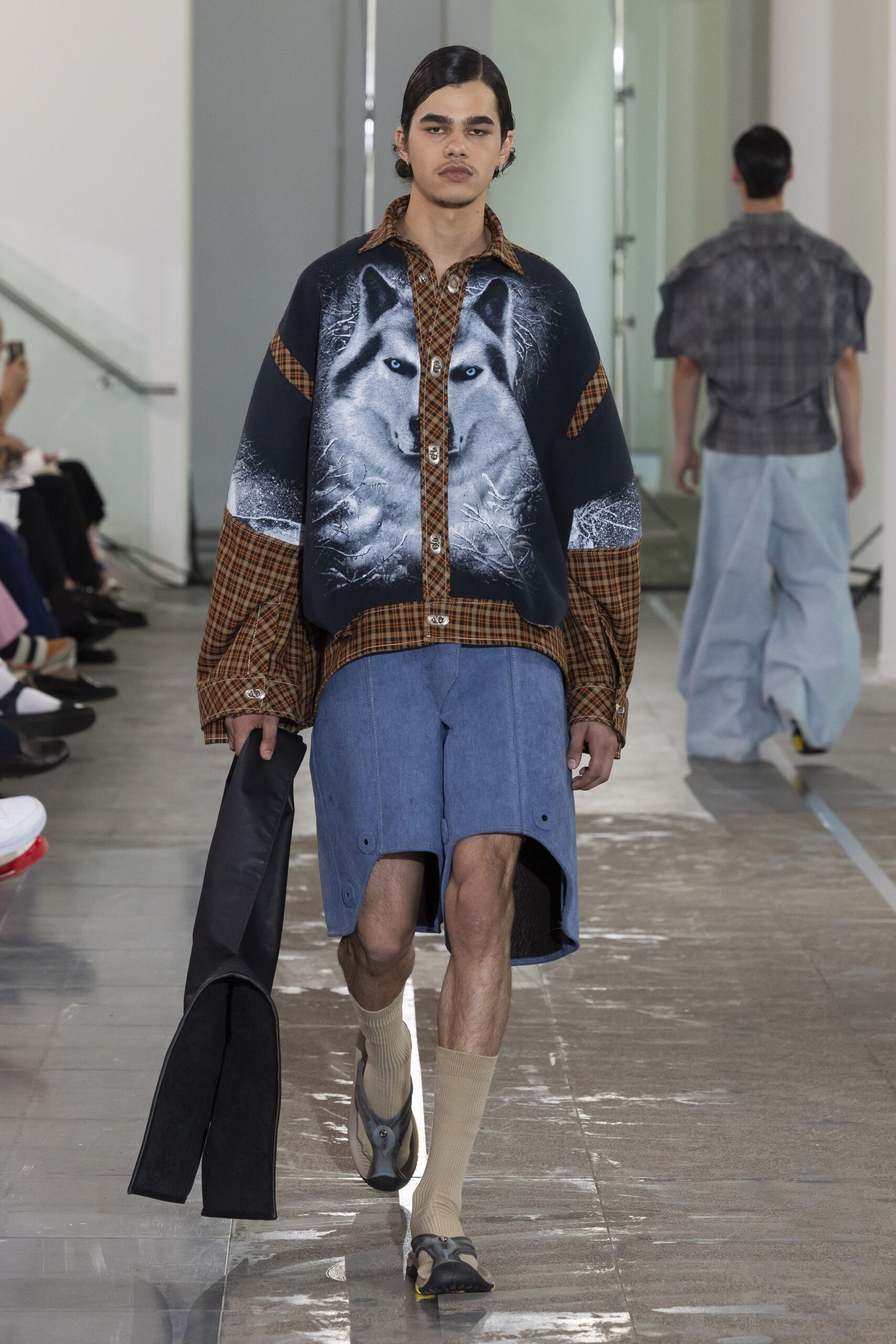 relaxed brown checked shirt with denim shorts