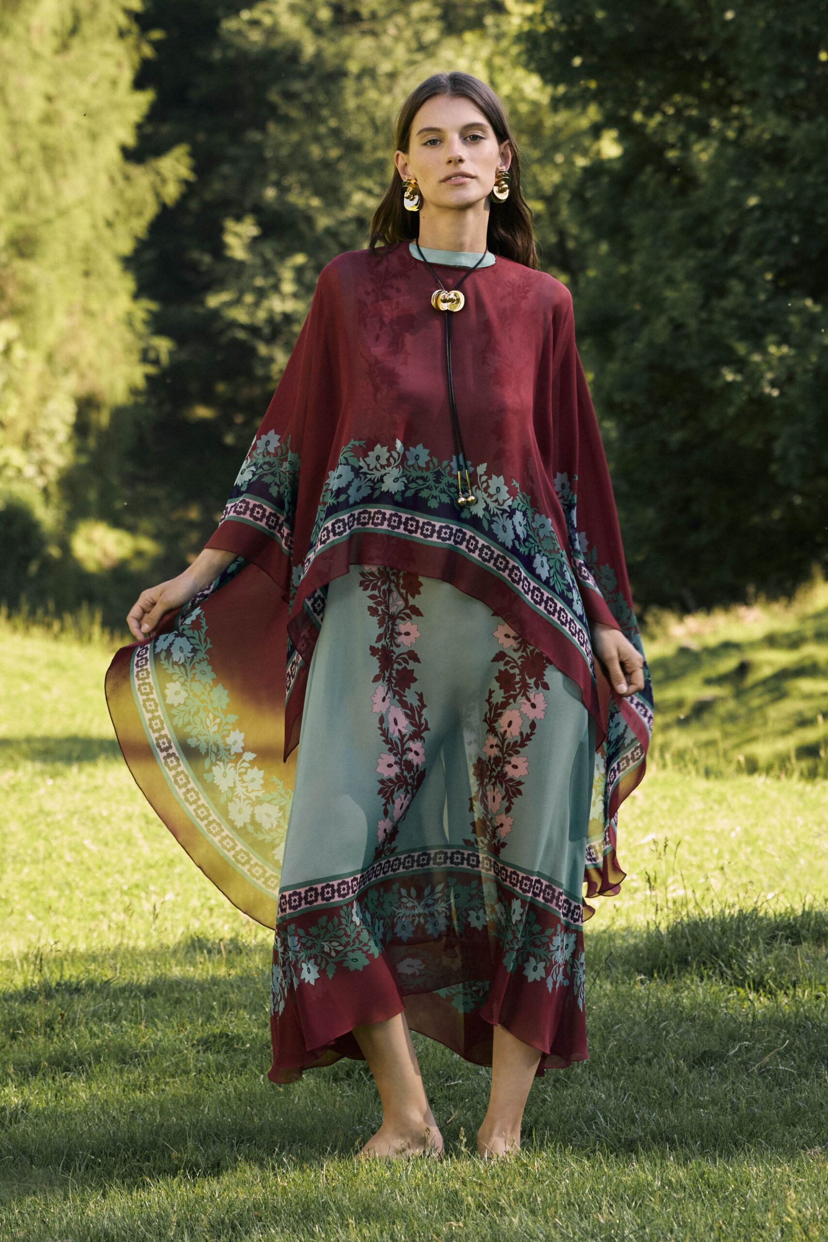 red and green printed maxi dress