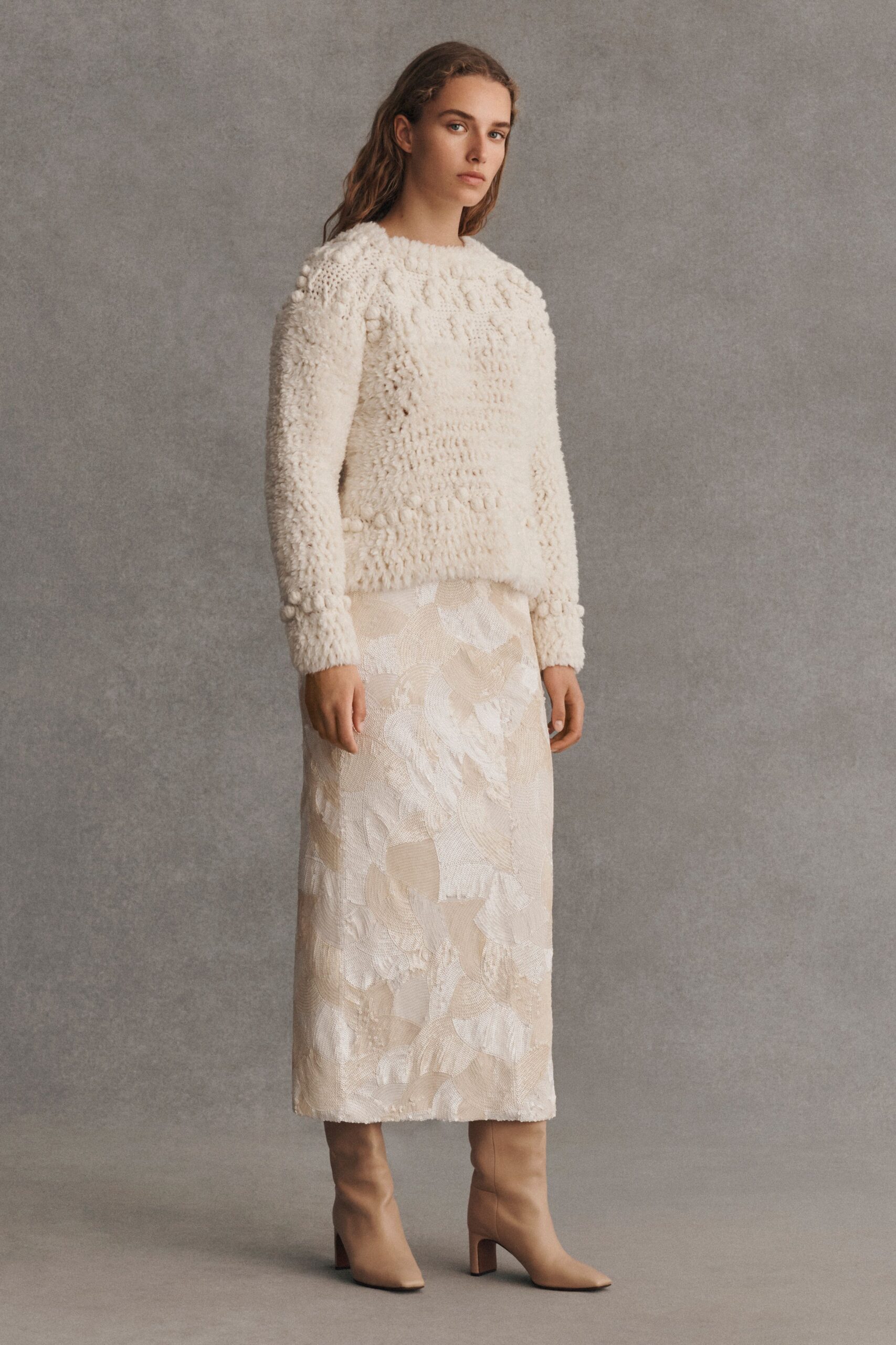 white wool long-sleeve collared relaxed textured sweater
