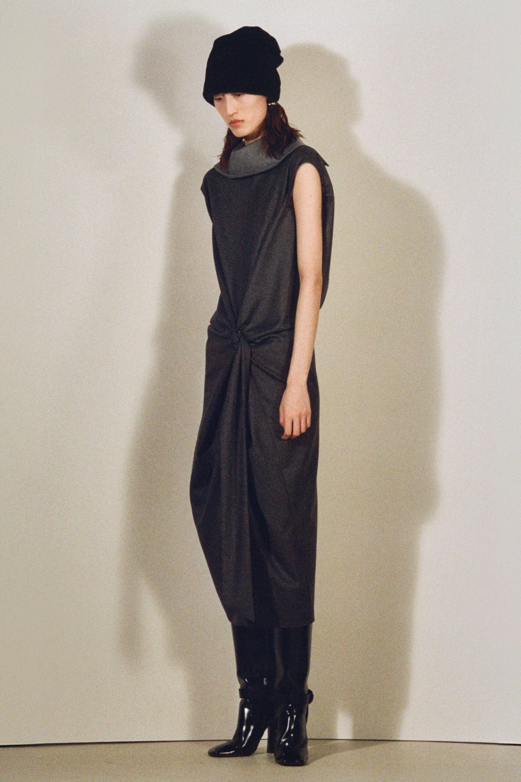 gray cotton sleeveless high-neck relaxed draped midi dress