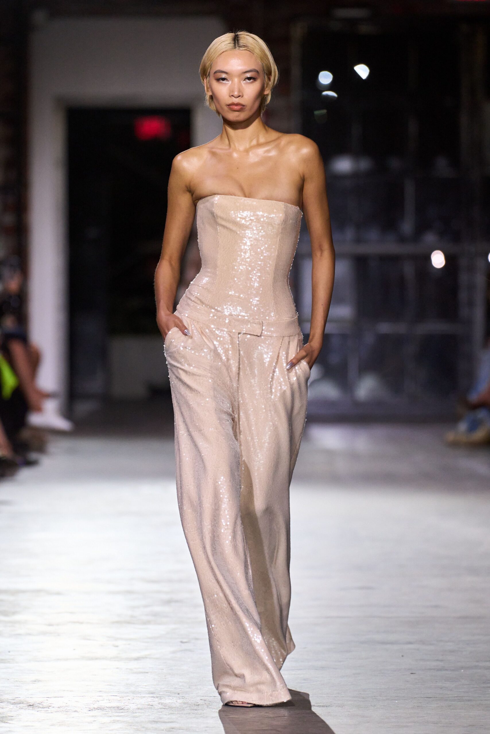 beige strapless sequin jumpsuit