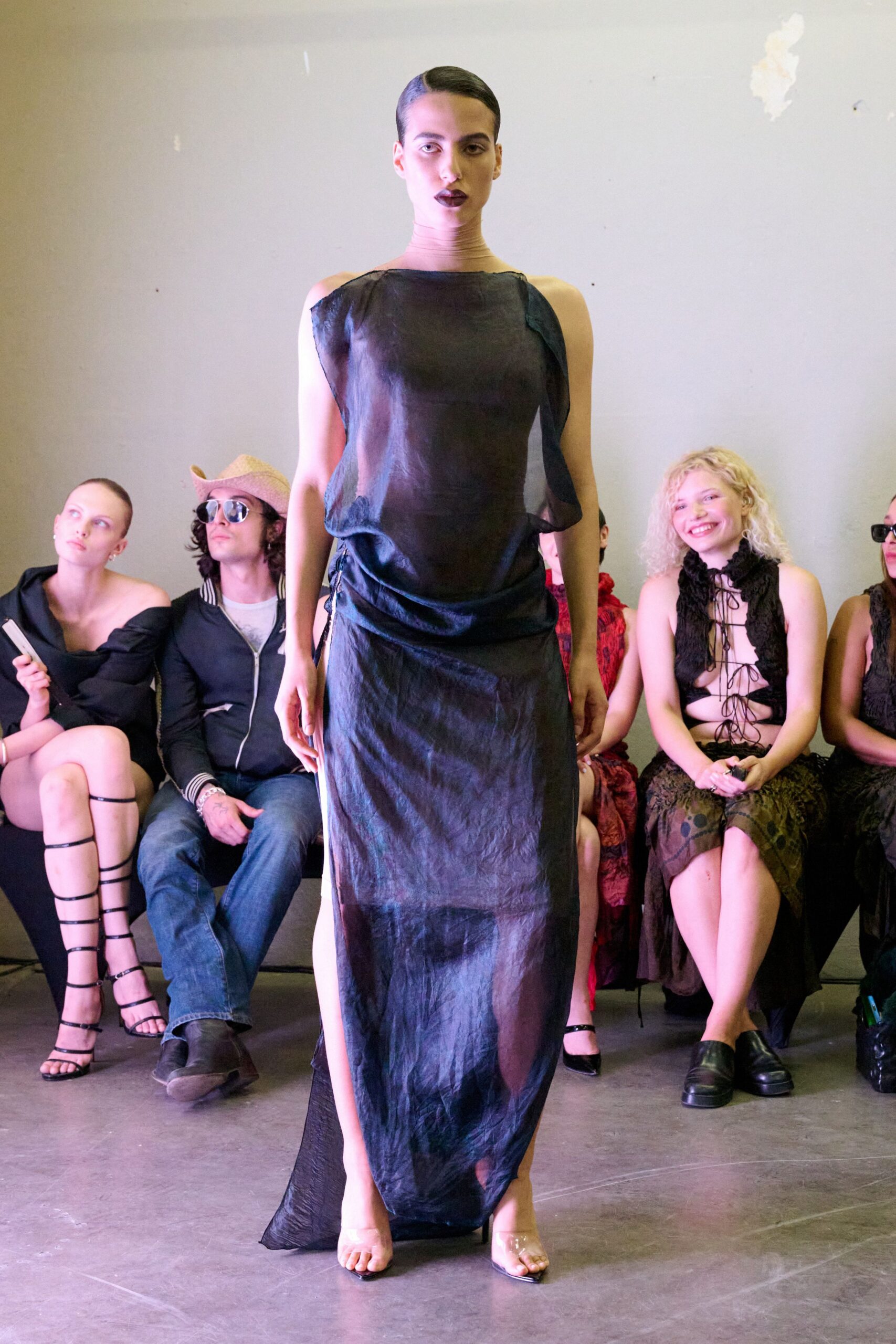 black chiffon sleeveless high-neck fitted sheer flowing dress