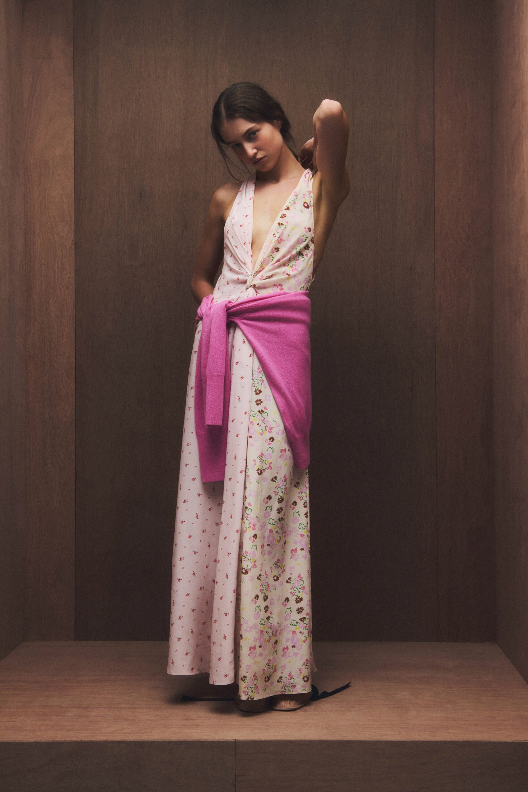 pink floral maxi gown with sweater