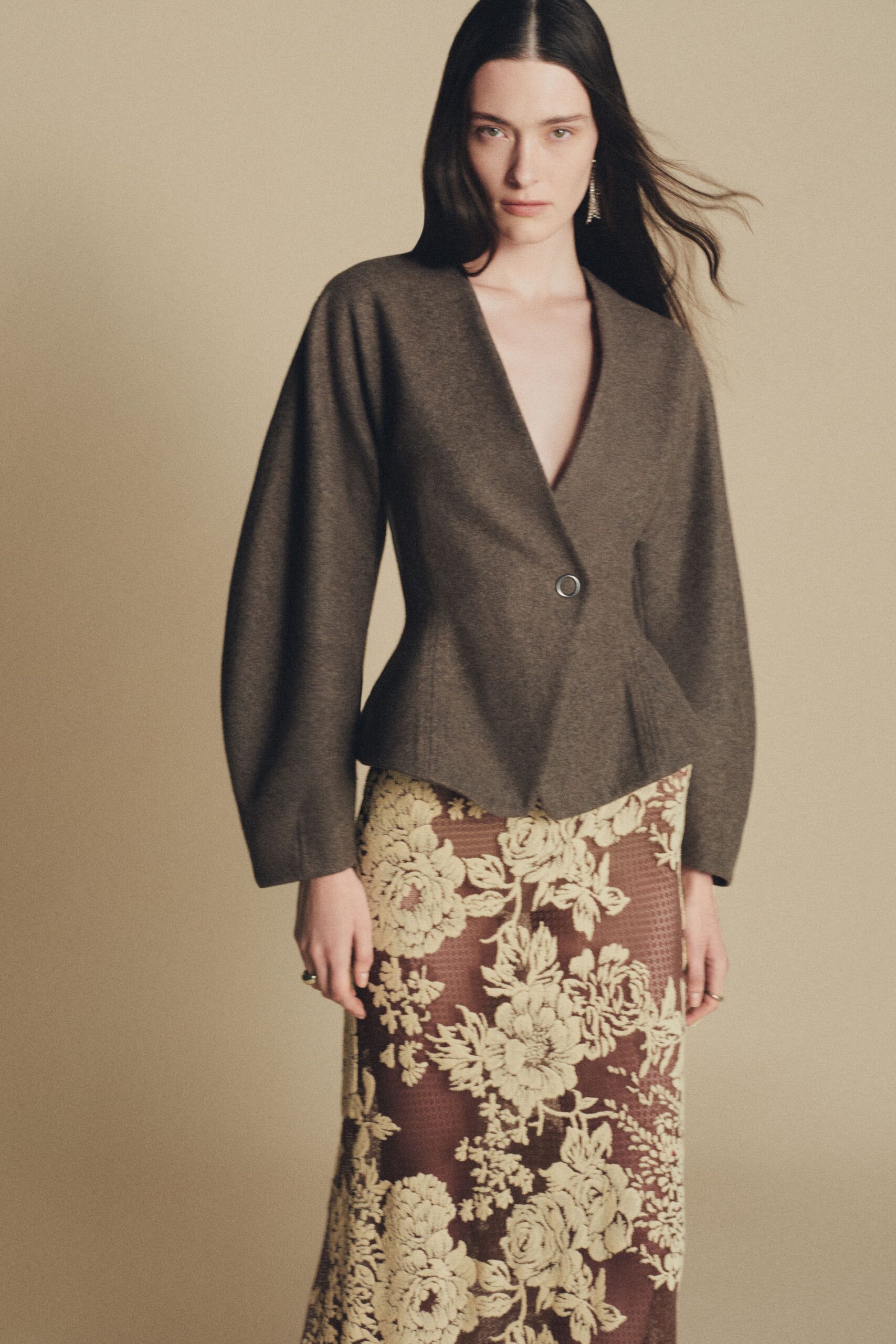 brown wool long-sleeve v-neck structured buttoned blazer
