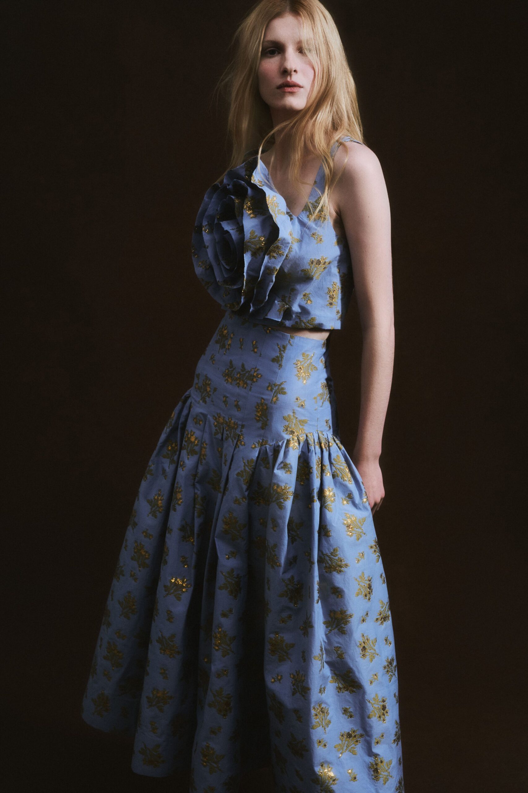 blue gold embroidered midi dress