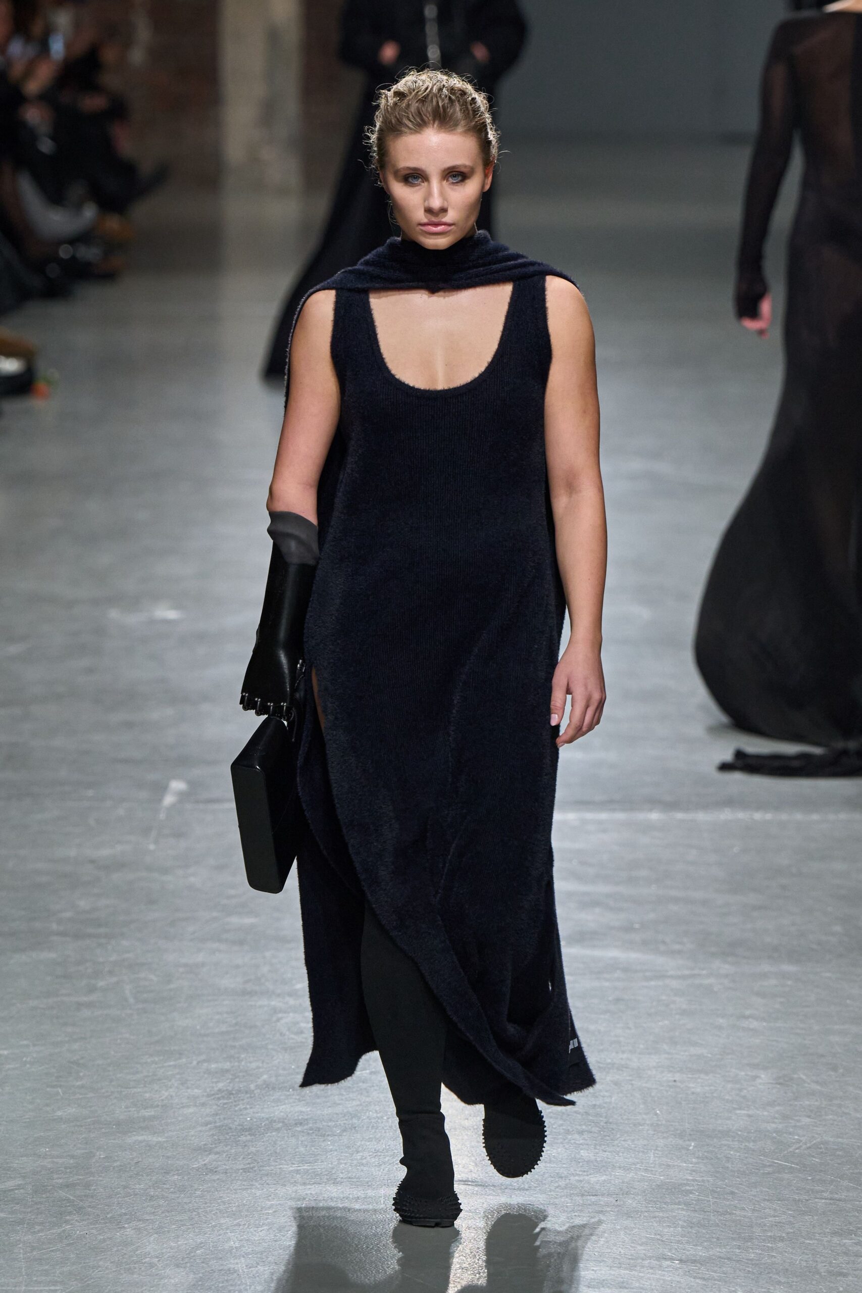 black wool sleeveless cutout fitted draped midi dress