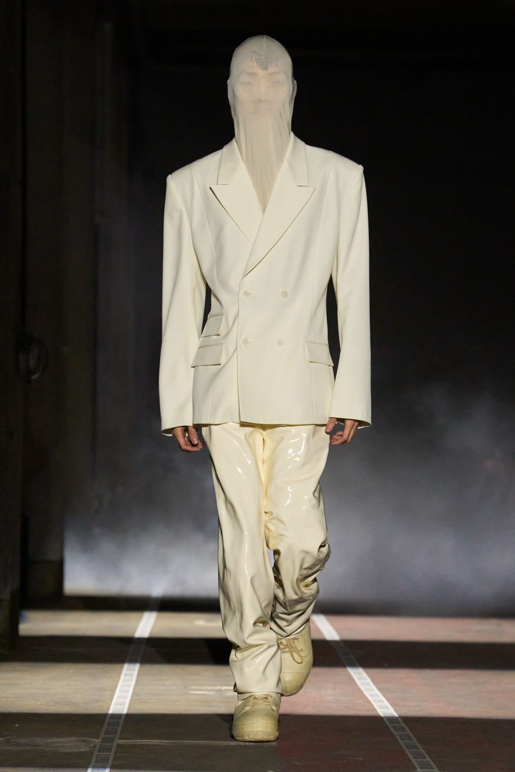 white vinyl long-sleeve collared structured shiny blazer