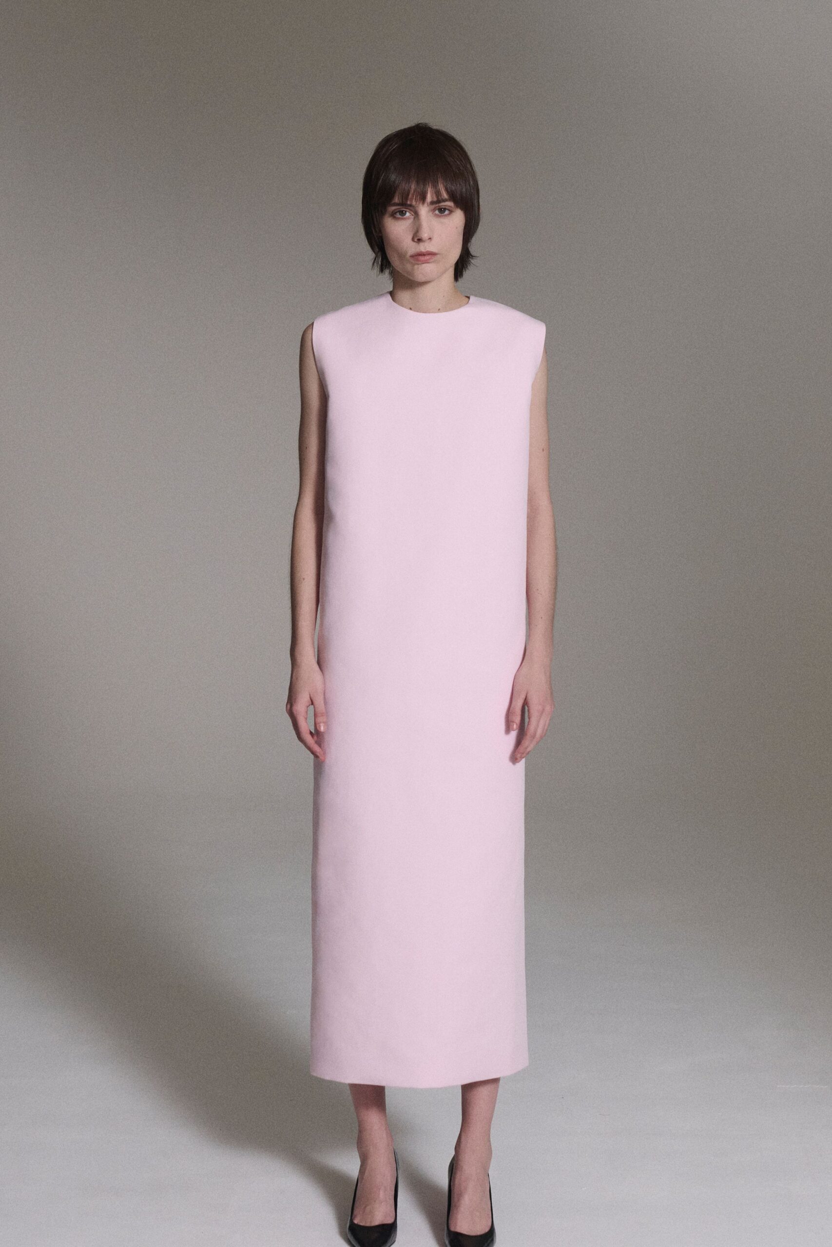 pink cotton sleeveless high-neck fitted straight-leg midi dress