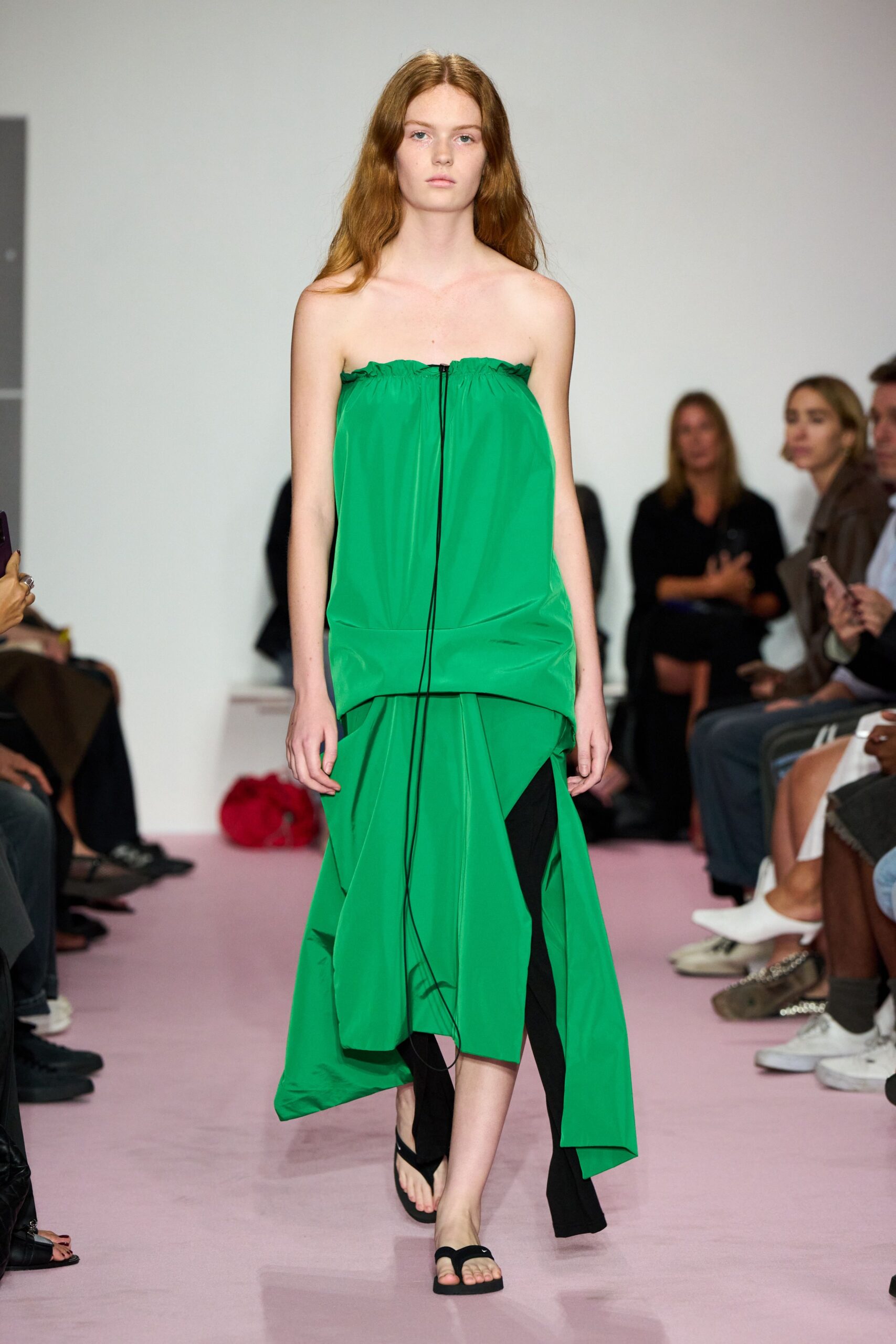 green silk strapless fitted draped midi dress
