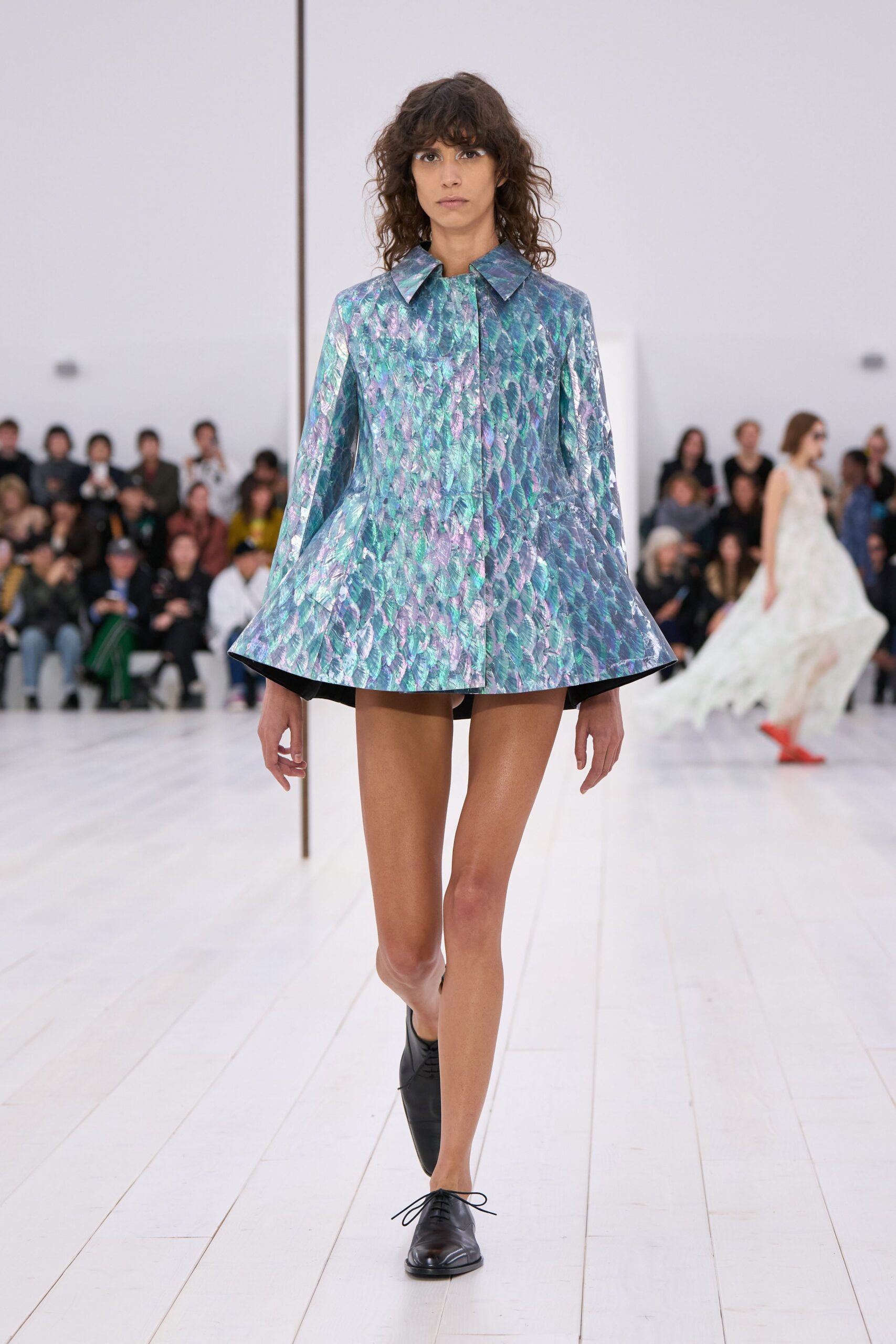 blue metallic long-sleeve collared structured pleated shiny jacket