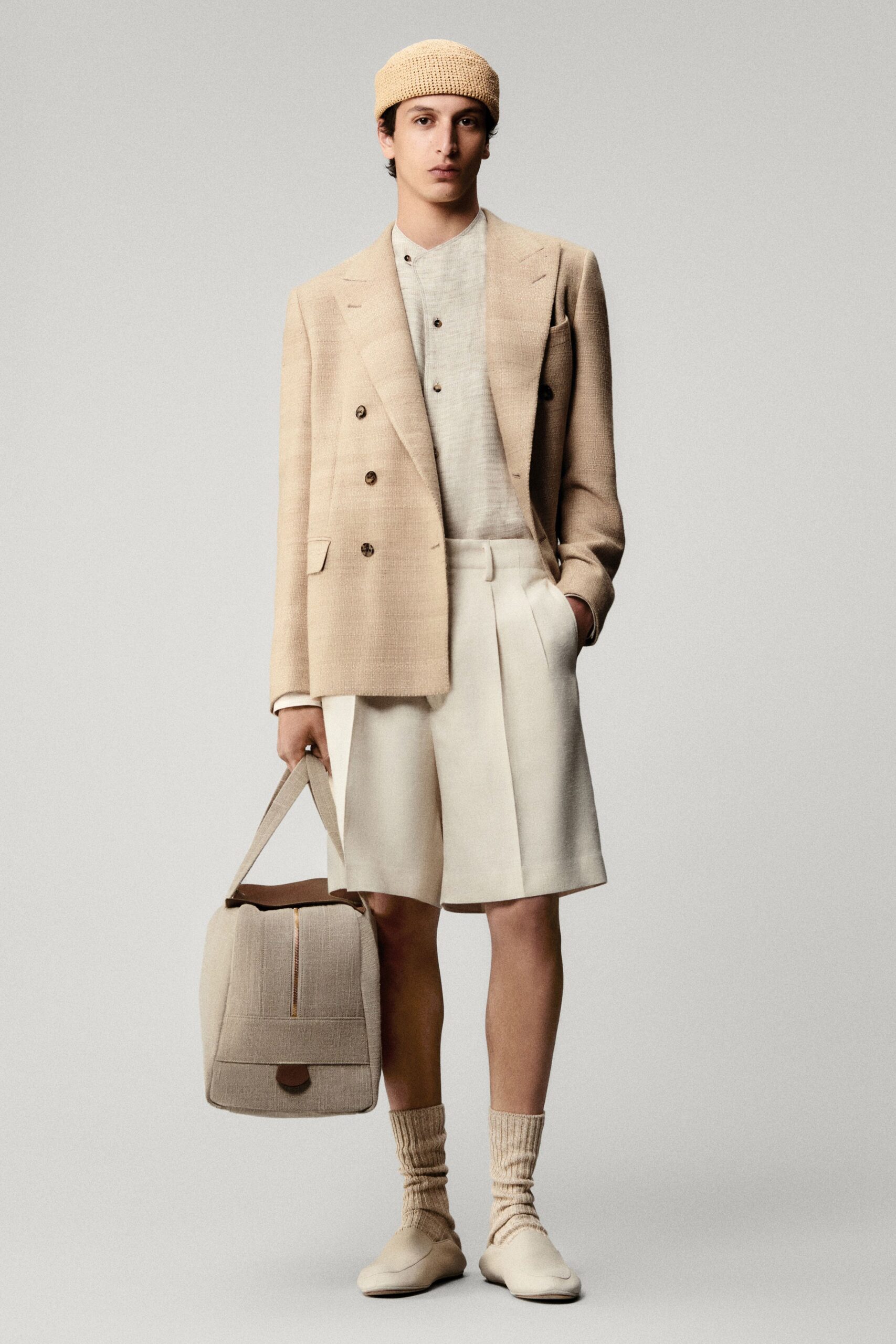 beige tailored blazer with shorts