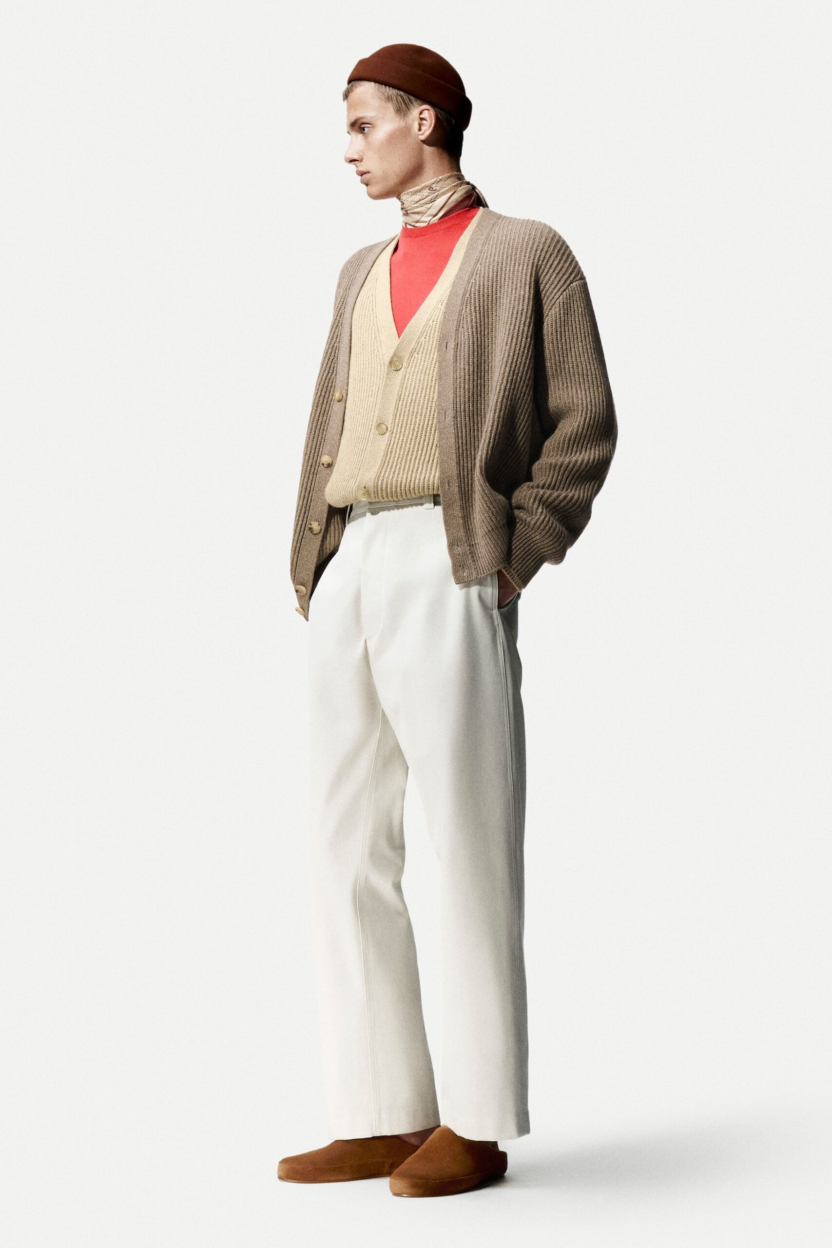 beige knit long-sleeve collared relaxed buttoned ribbed cardigan