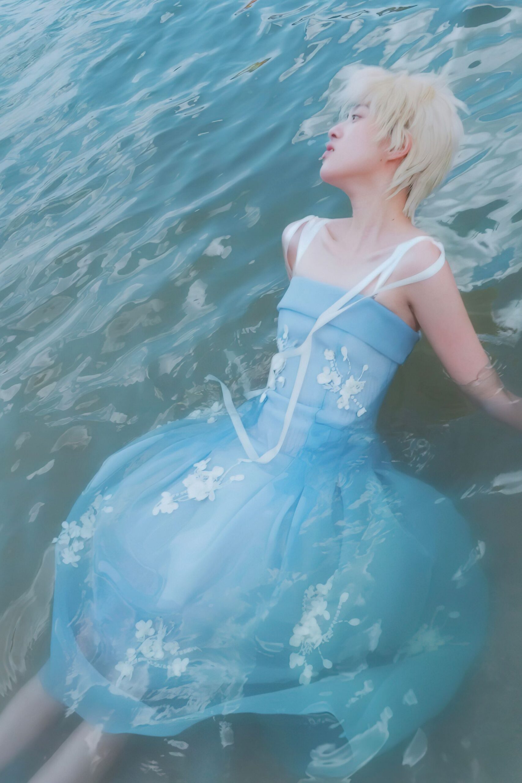 blue silk sleeveless dress
