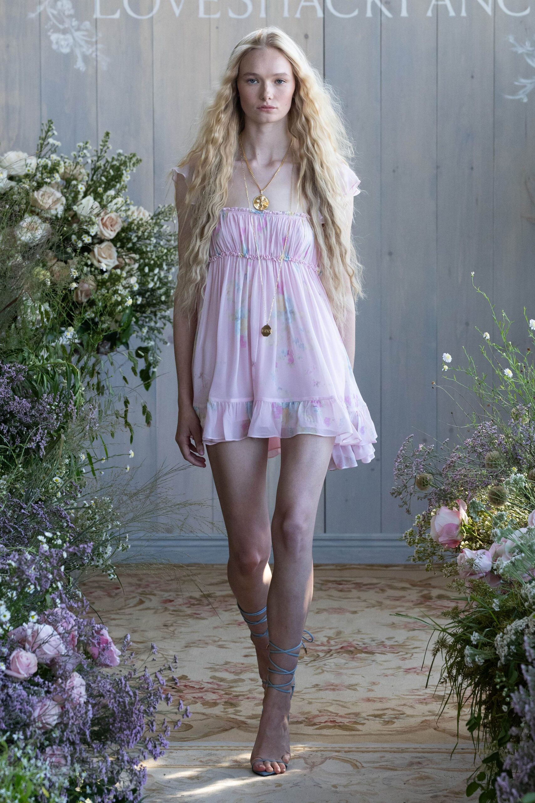 pink cotton sleeveless v-neck fitted ruffled mini mini-dress