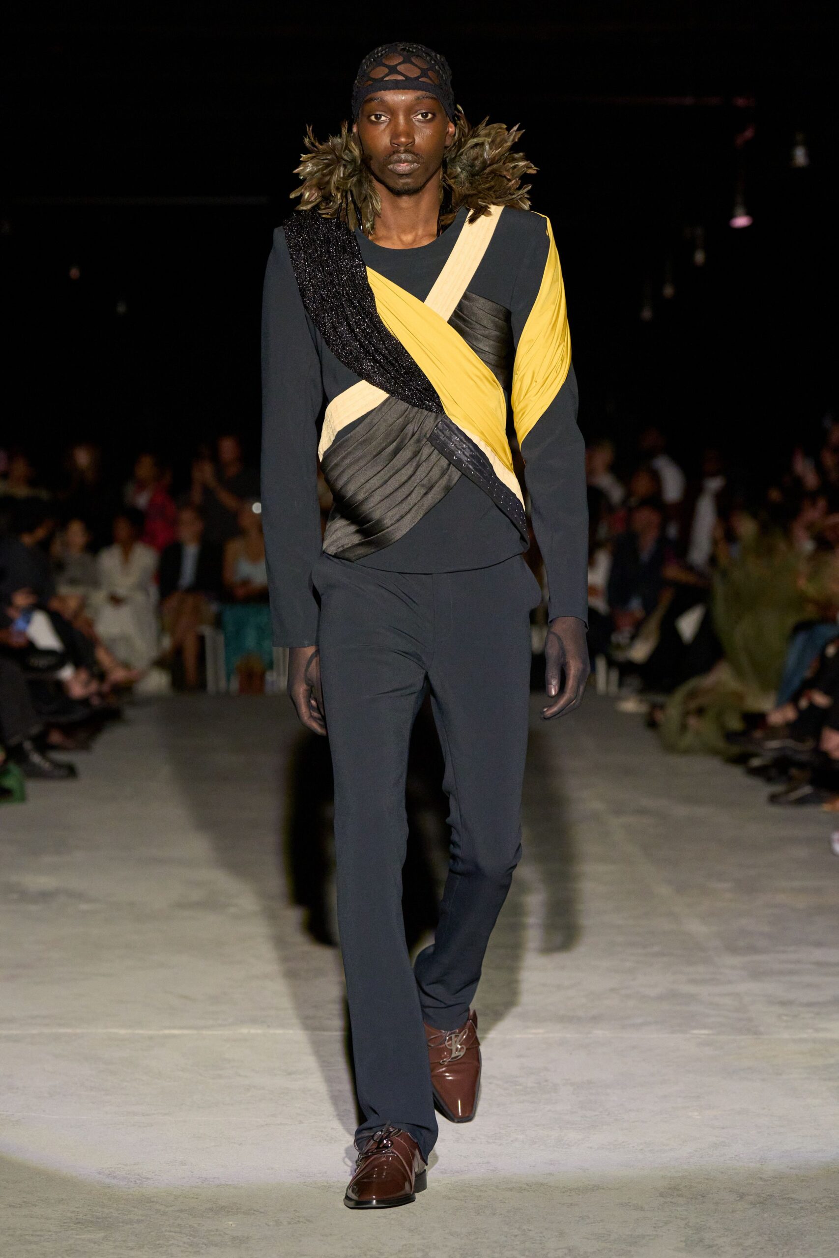 black and yellow asymmetric top with fitted pants