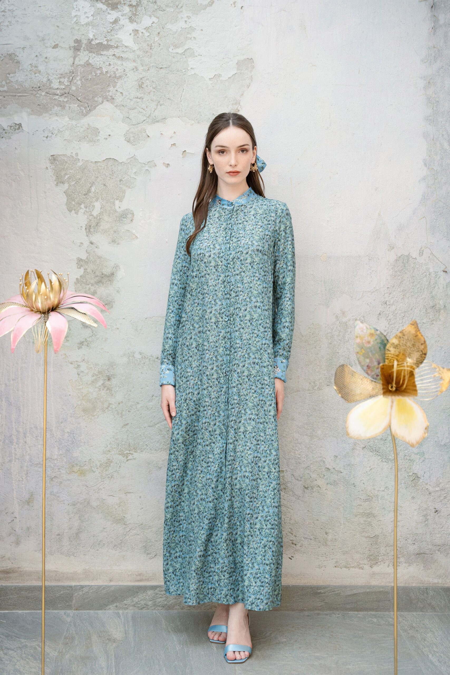 blue silk long-sleeve collared relaxed floral flowing dress