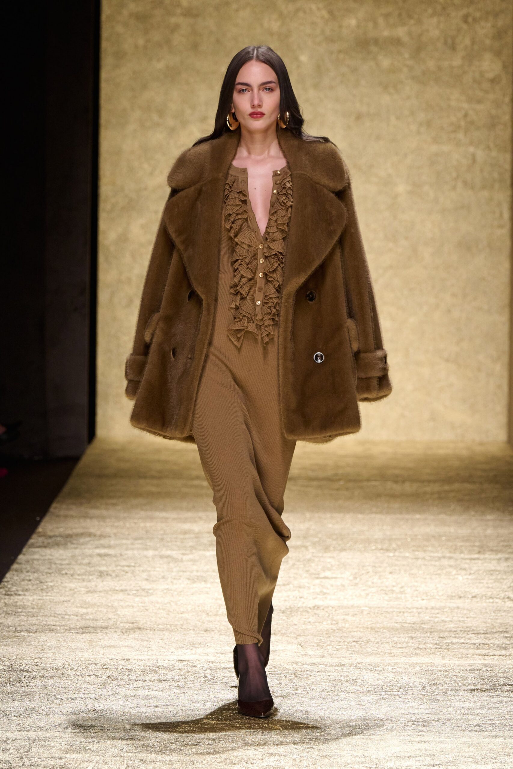 brown fur coat and jumpsuit