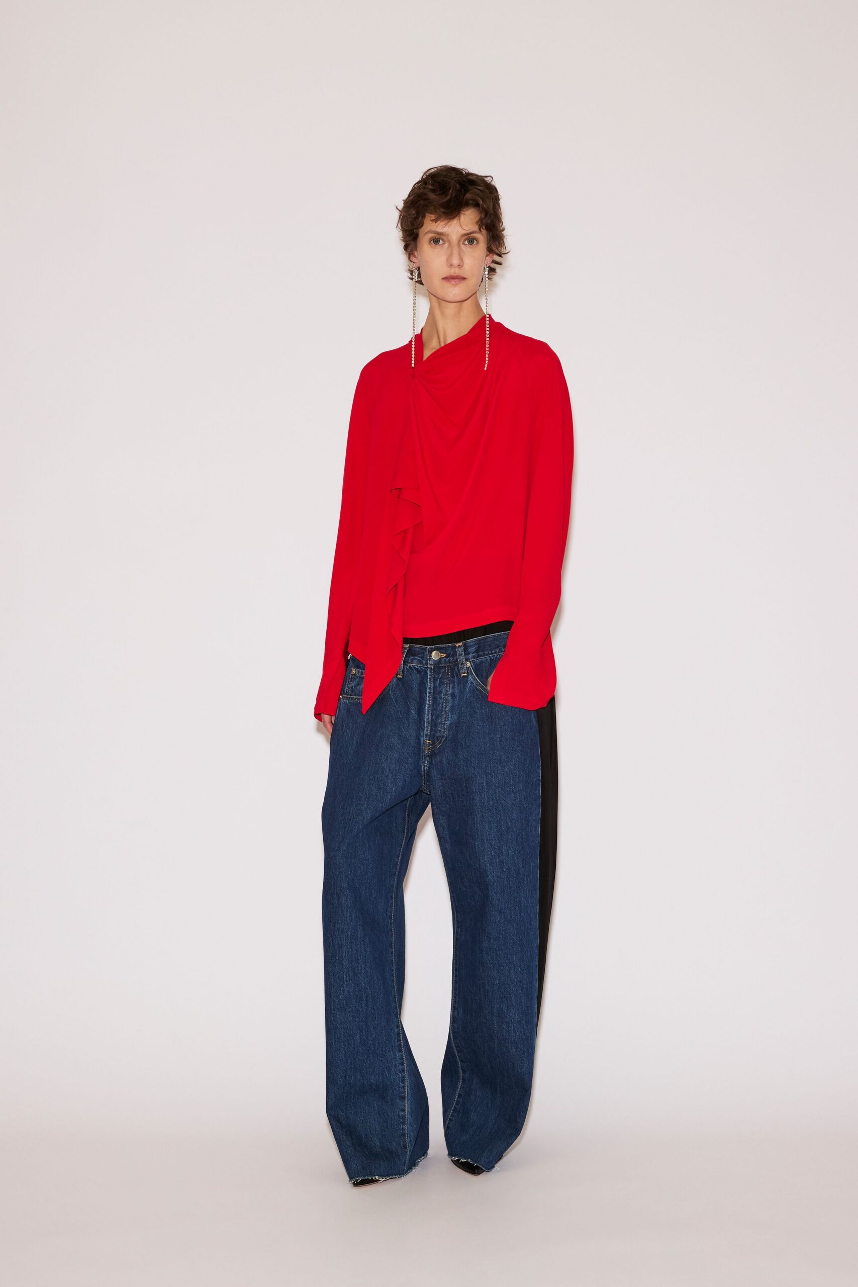 red silk long-sleeve v-neck relaxed draped top