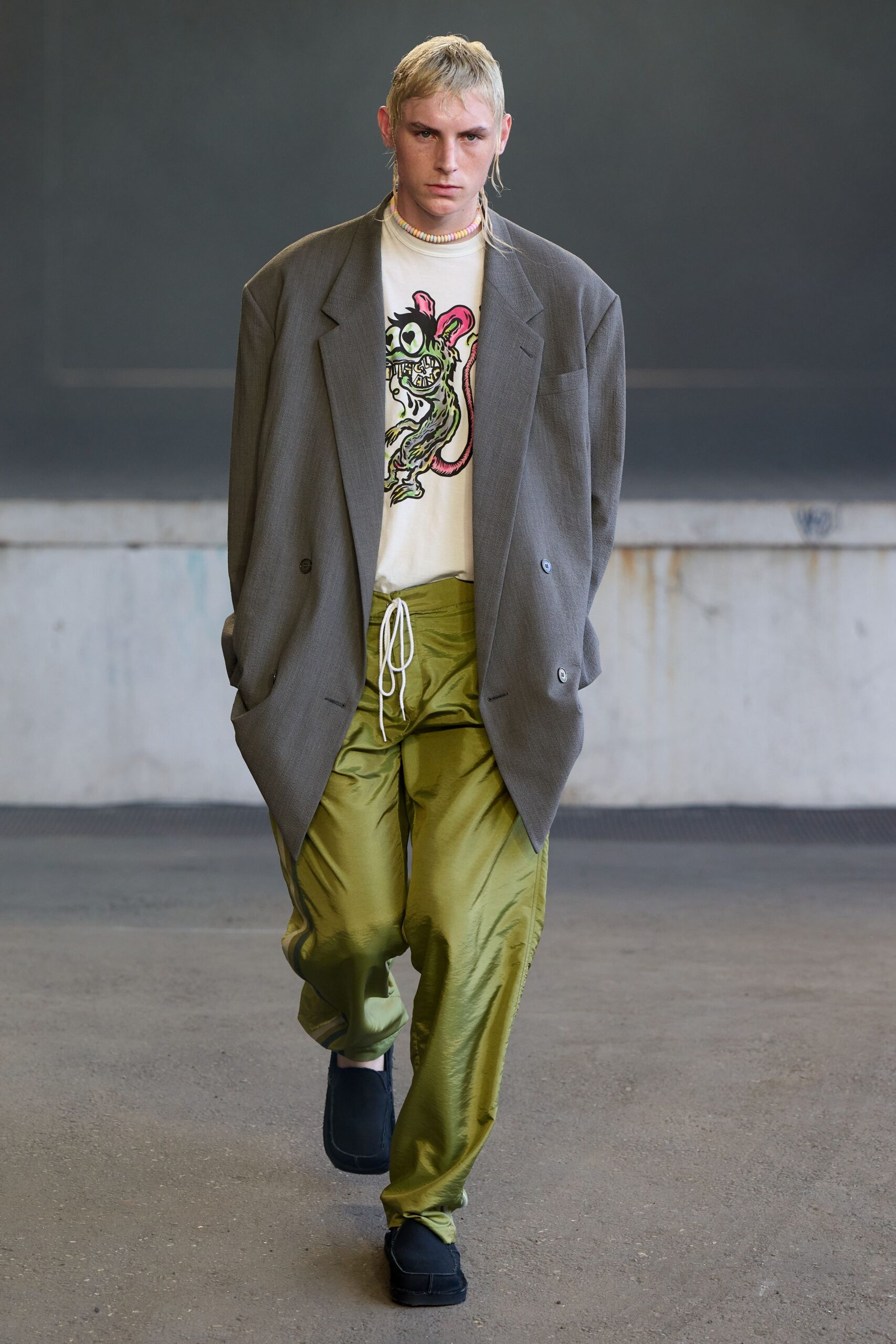 green satin relaxed zippered pants