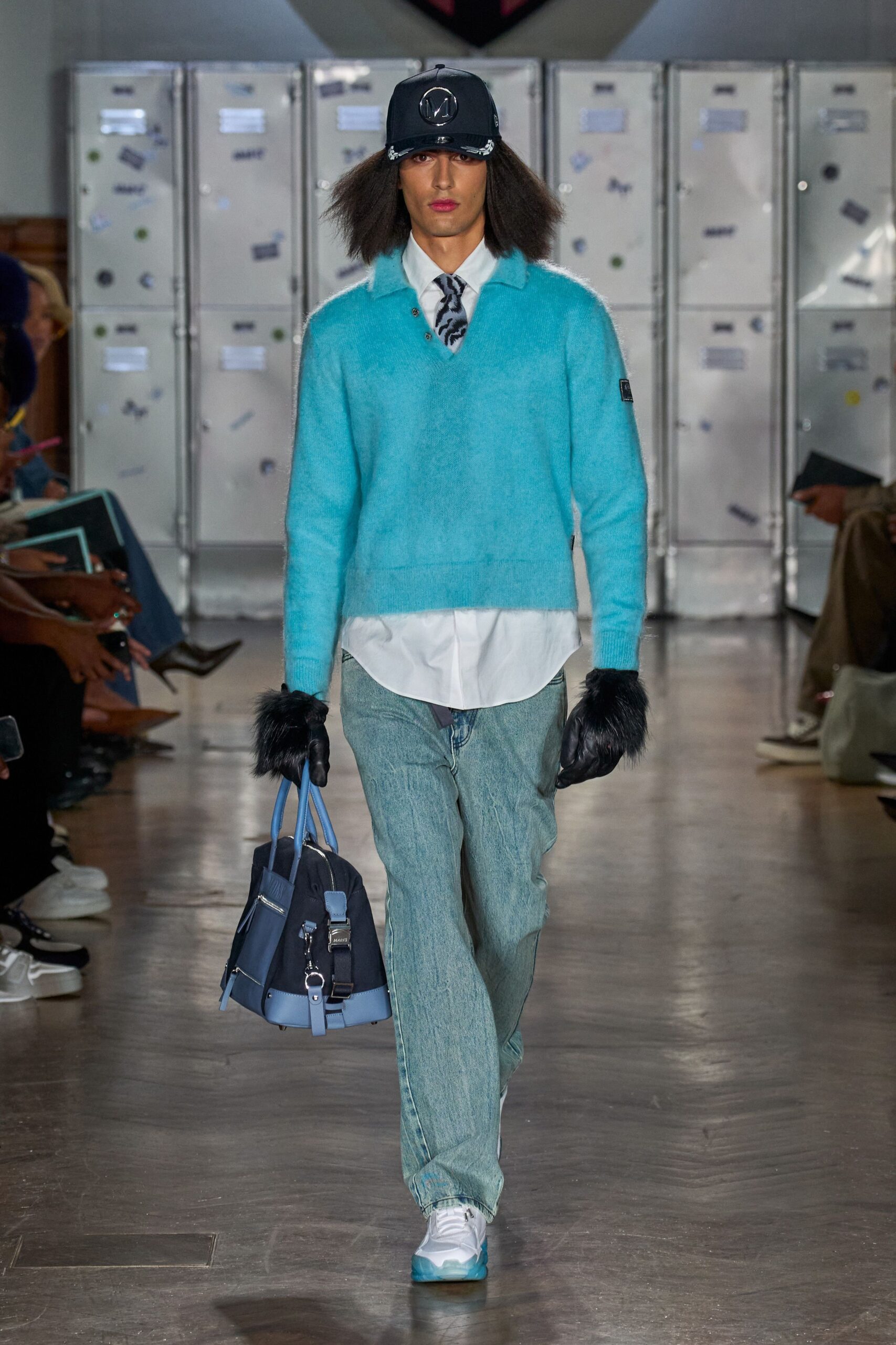 blue wool sweater with white shirt