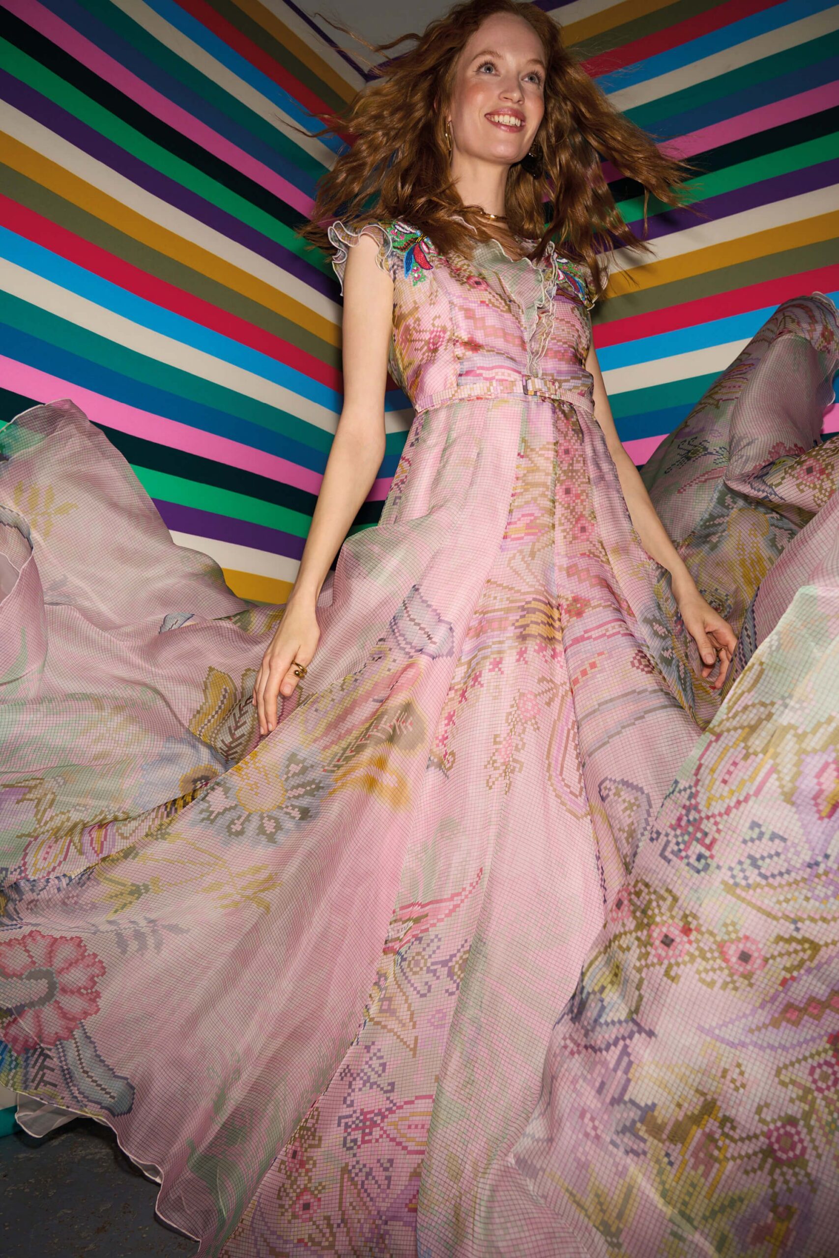 pink embroidered flowing gown