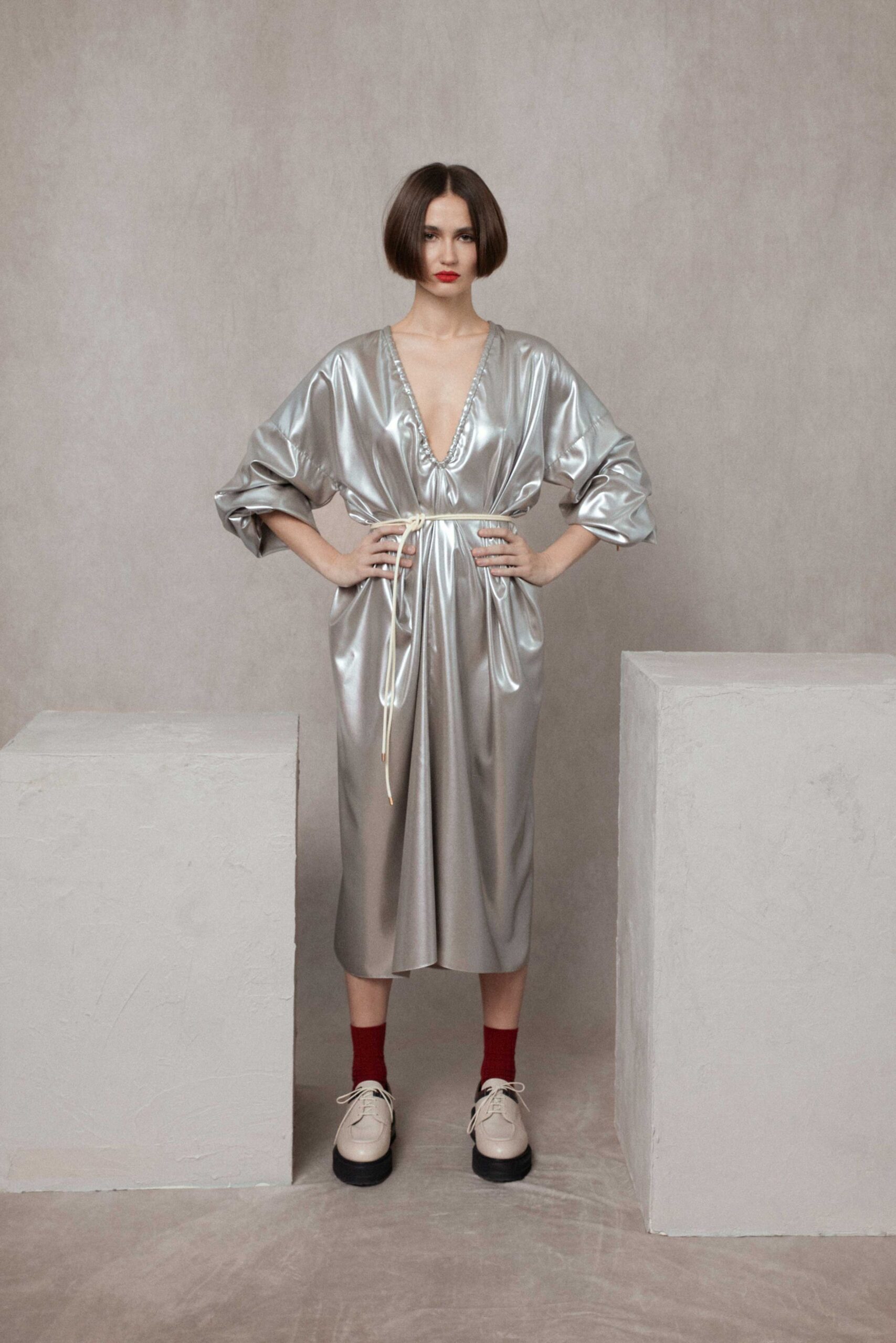 silver satin relaxed midi dress