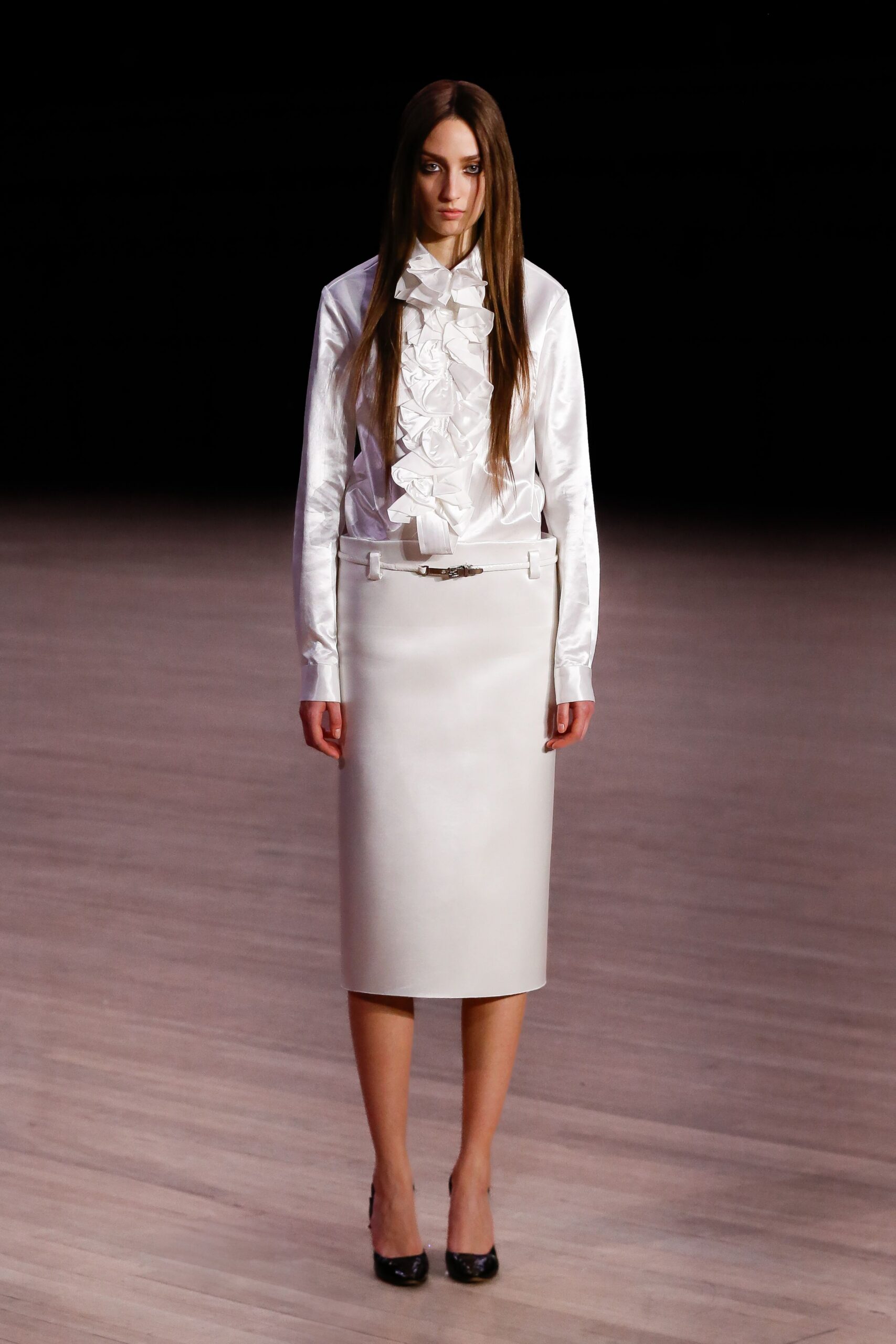 white silk long-sleeve collared fitted ruffled shirt