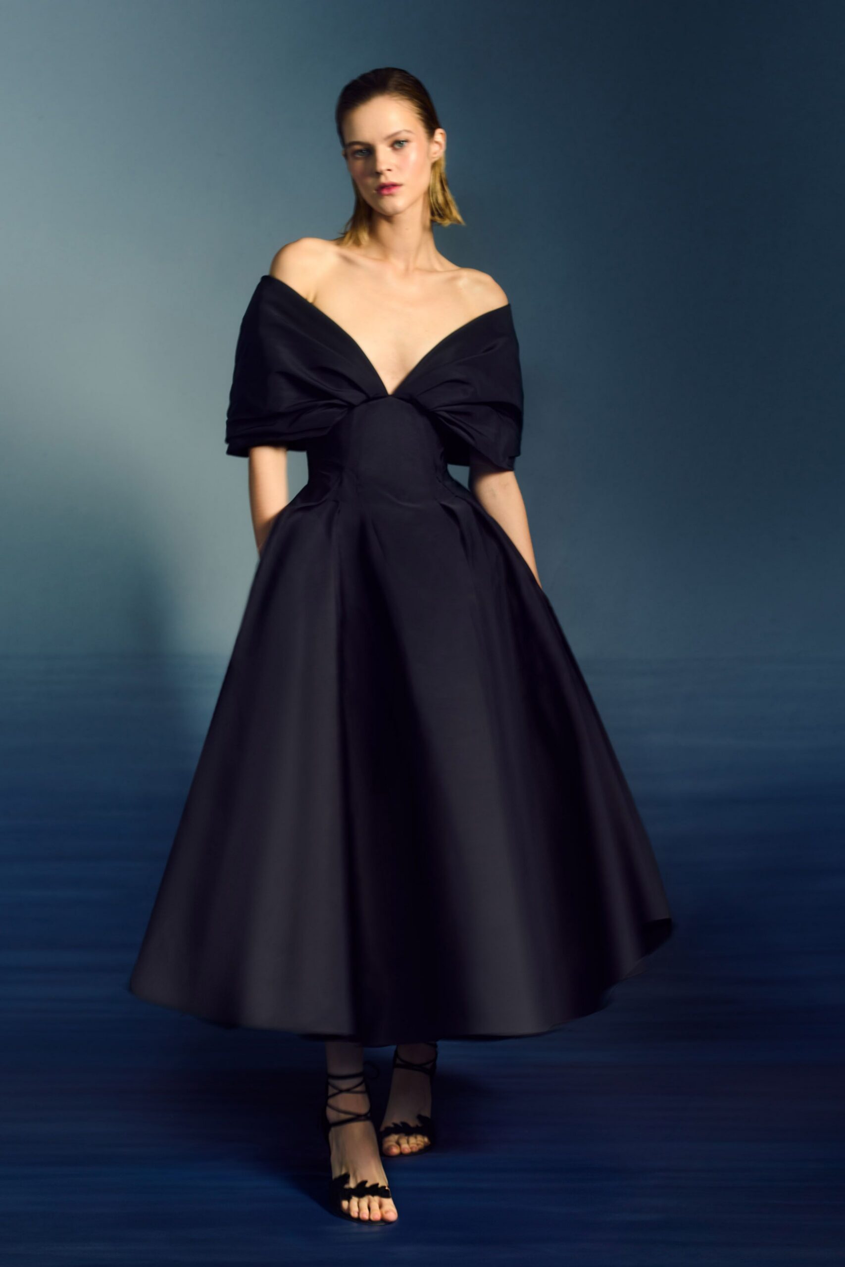 black silk off-shoulder v-neck fitted a-line pleated dress