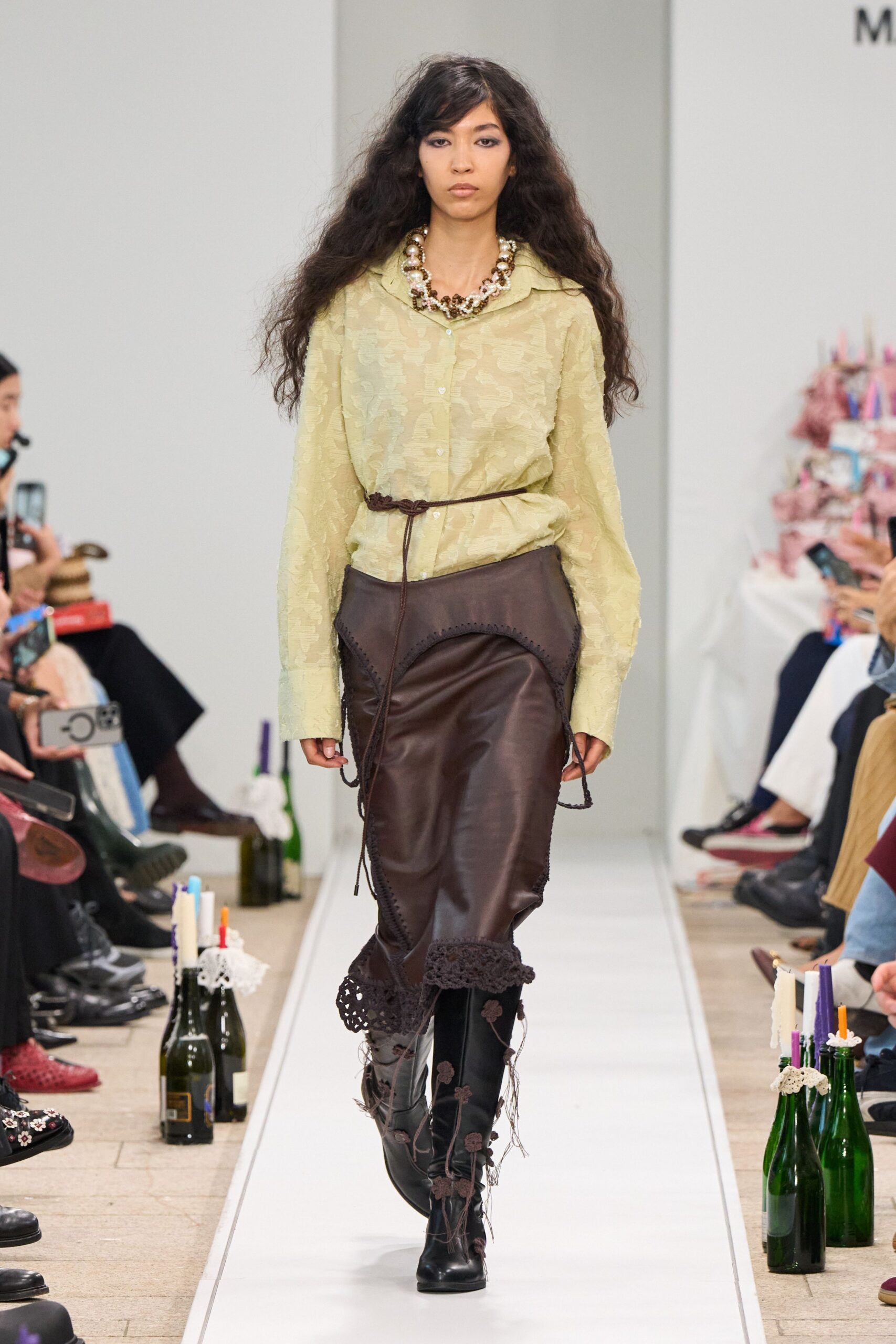 brown leather fitted high-waisted tiered skirt