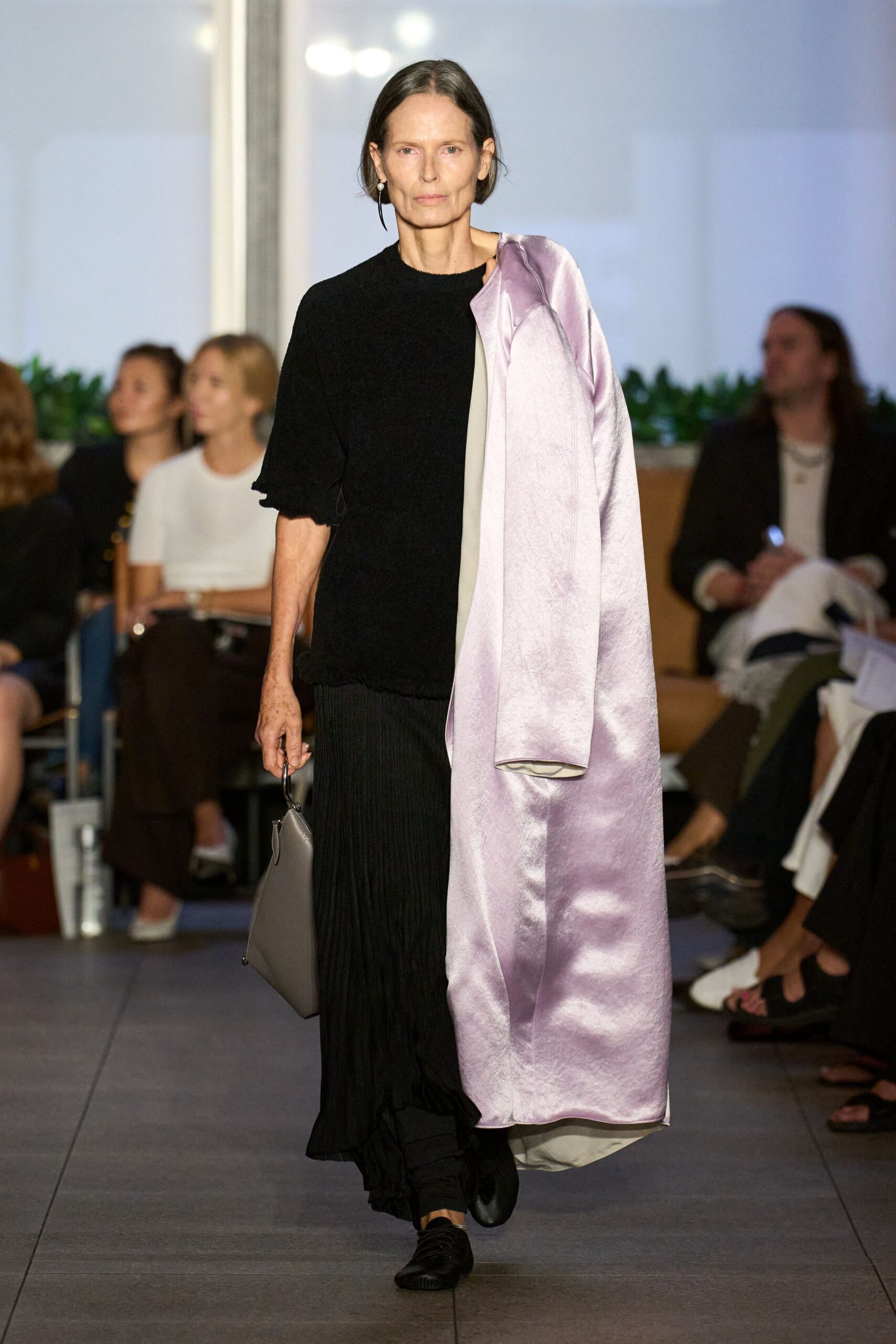 lavender silk long-sleeve oversized coat