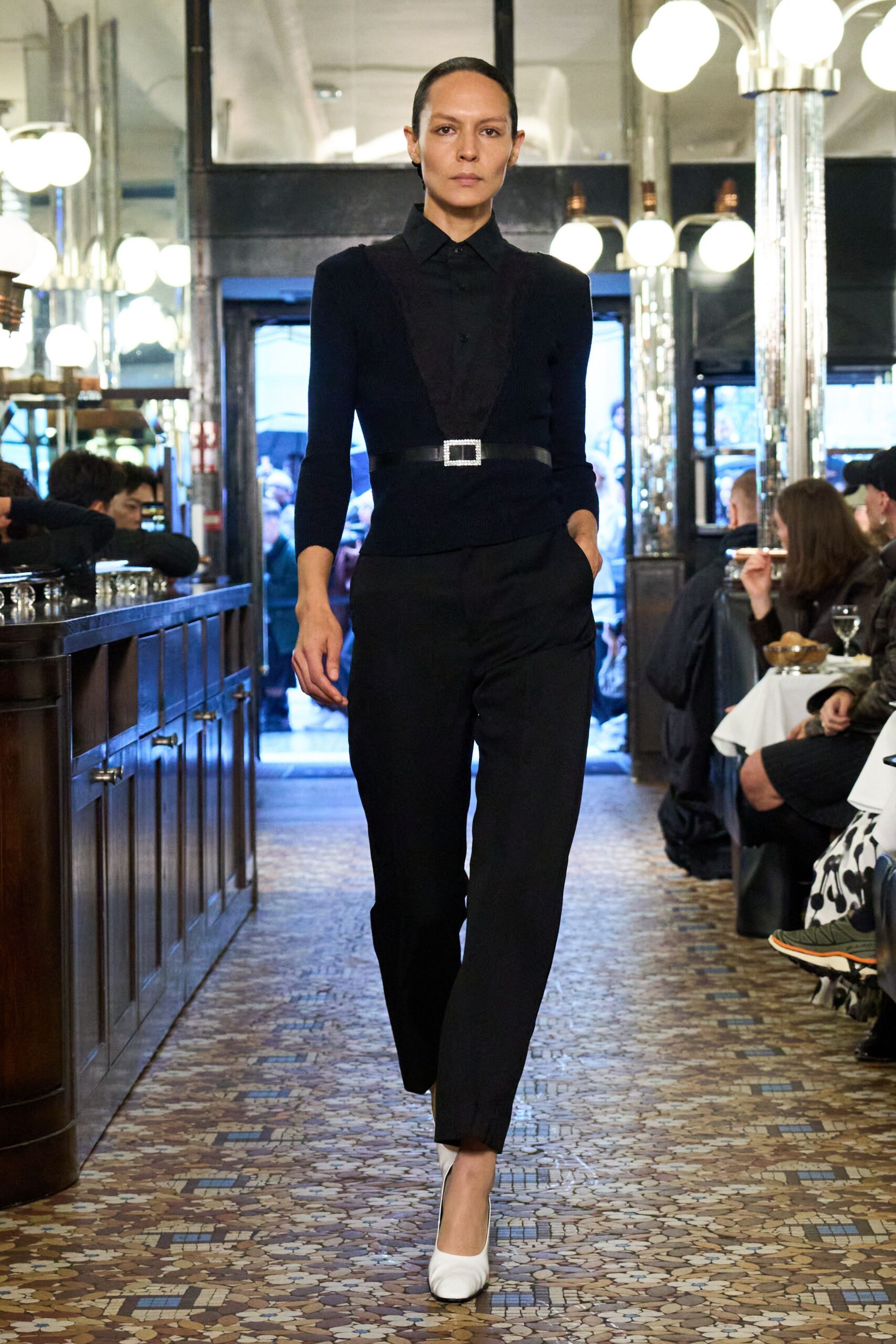 black fitted shirt with tailored pants
