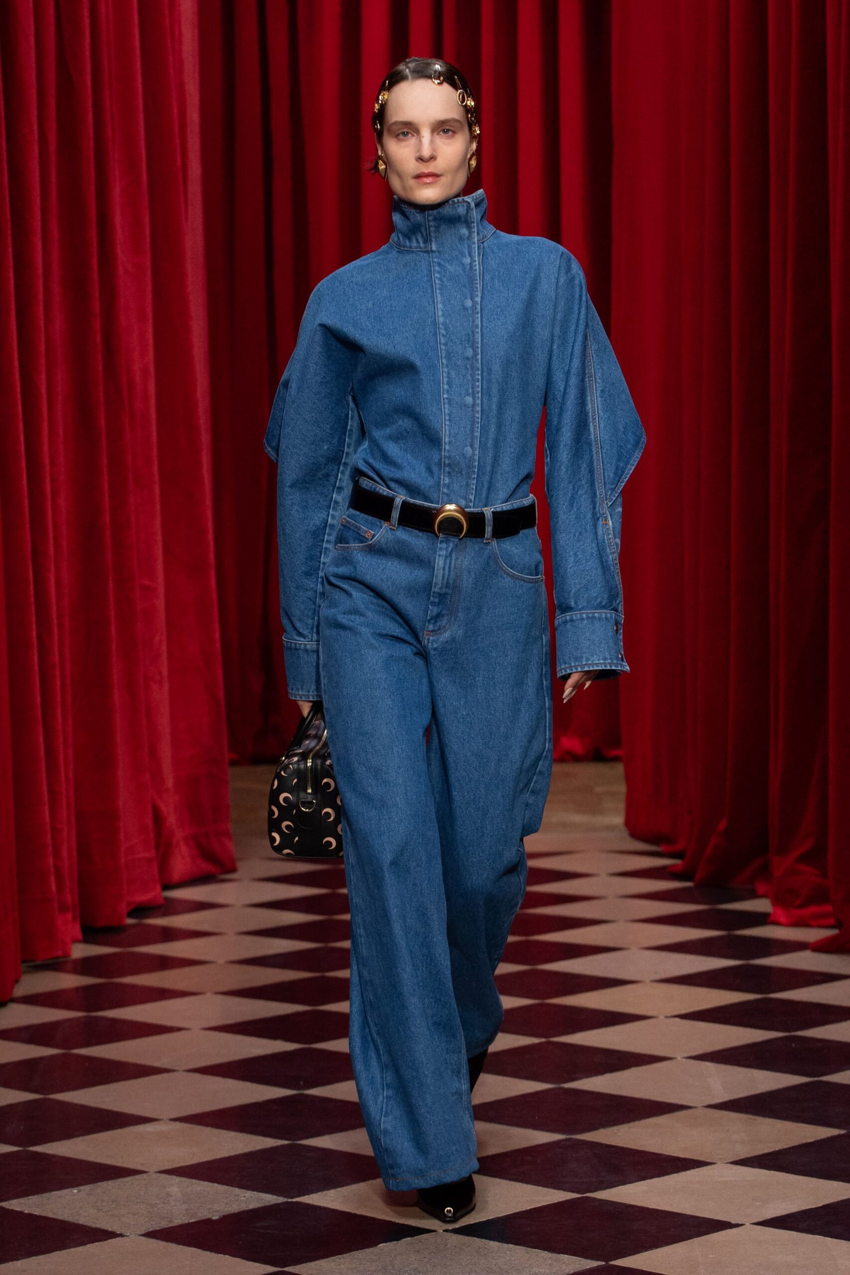 blue denim long-sleeve collared relaxed zippered wide-leg jumpsuit