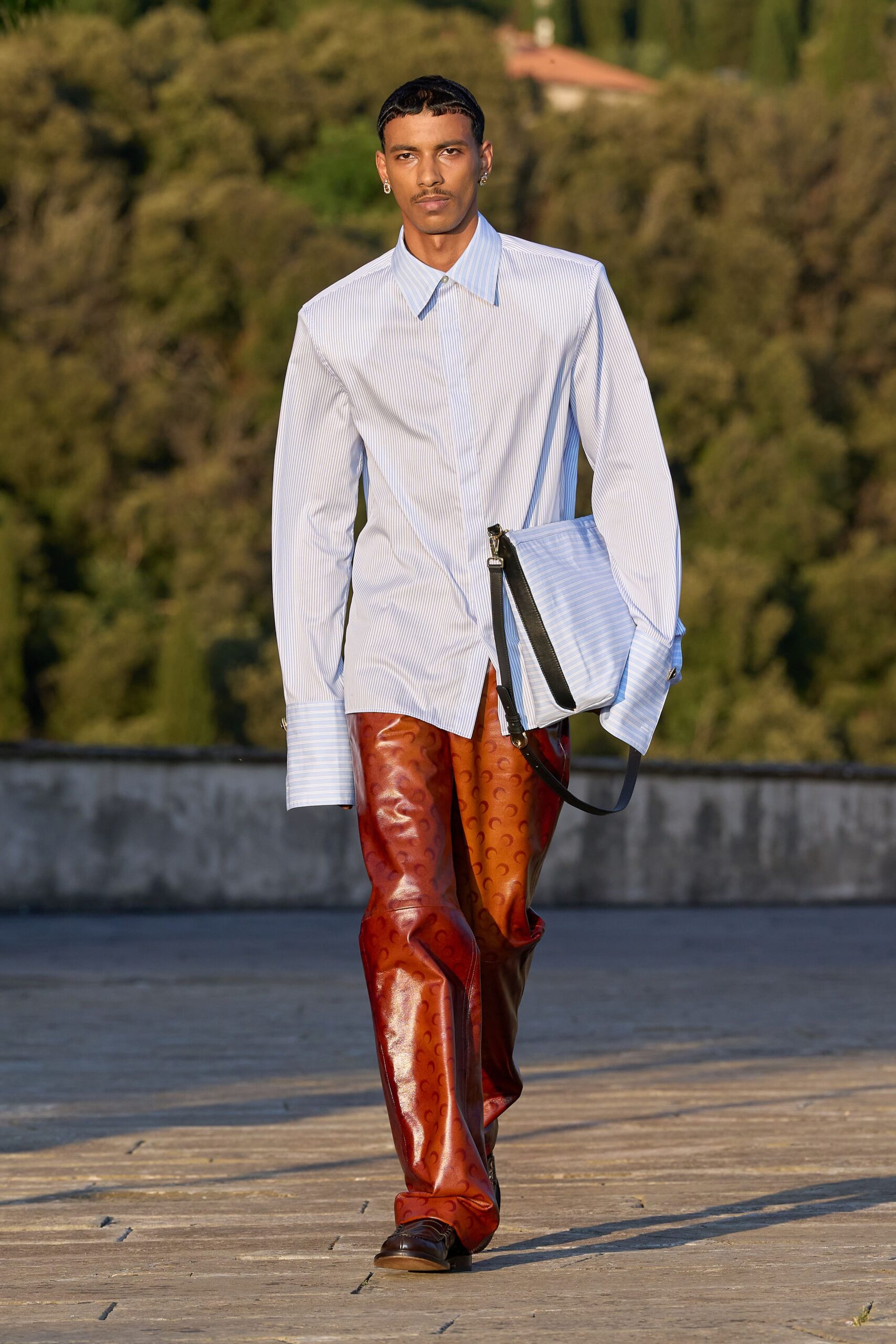 orange leather fitted flared pants