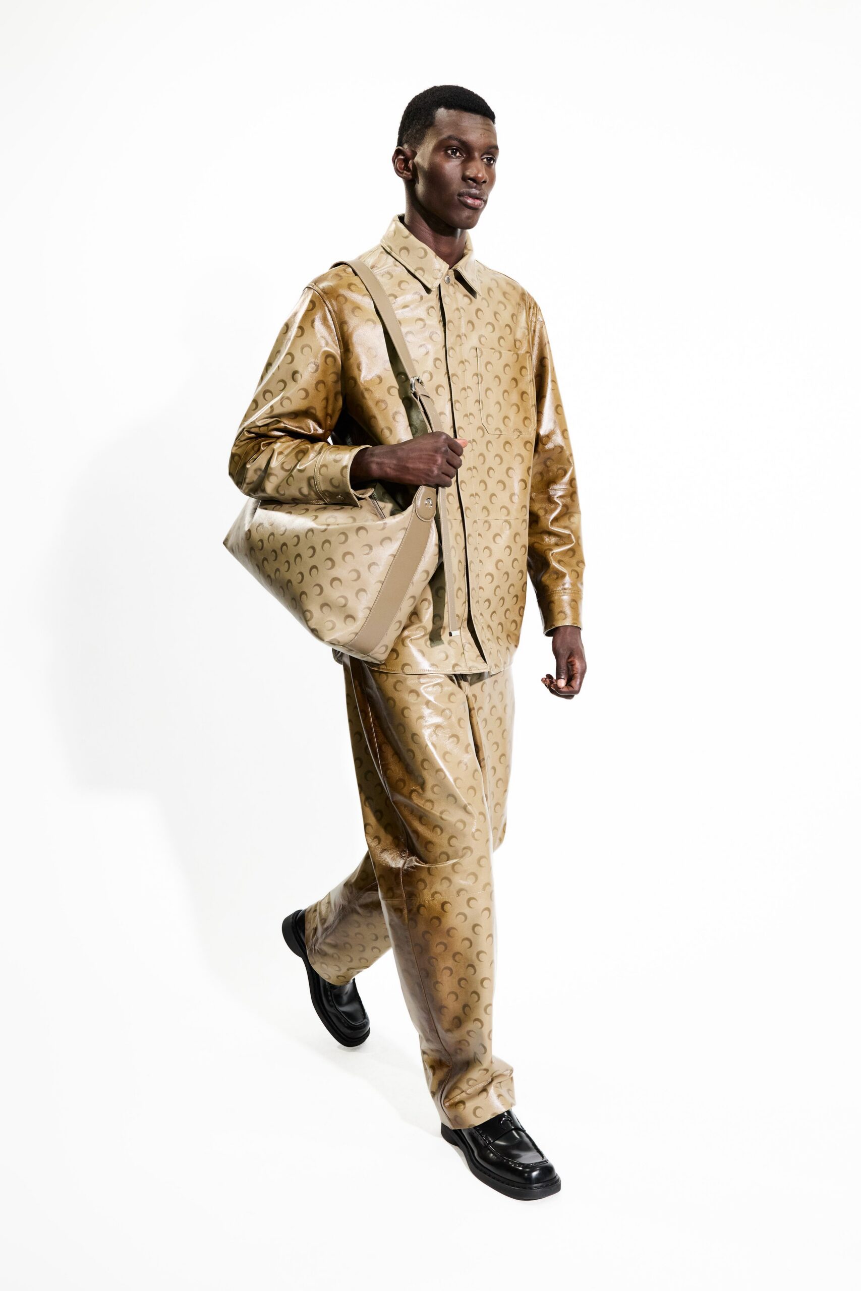 beige vinyl long-sleeve collared relaxed printed shirt