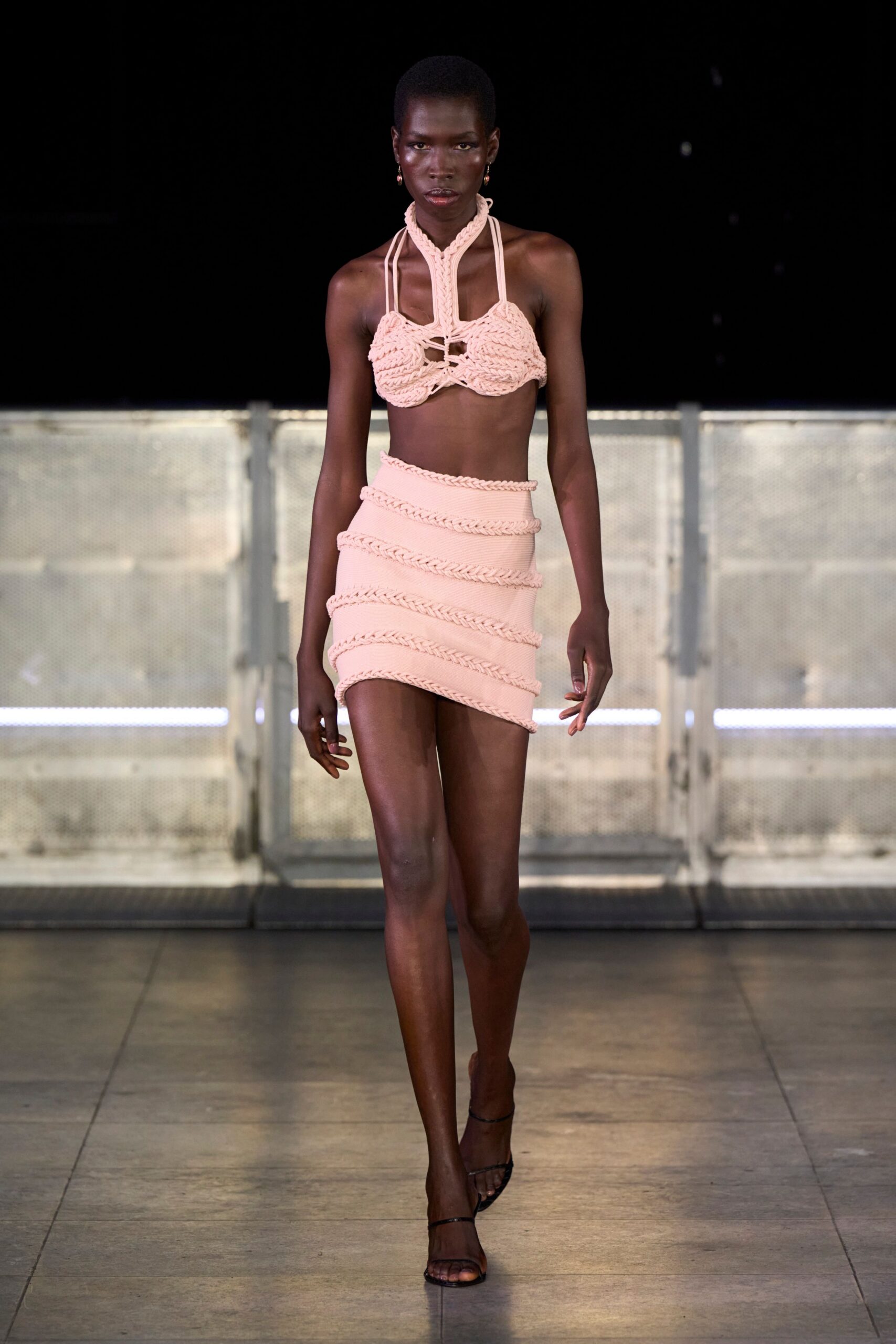 pink crochet fitted pleated mini skirt