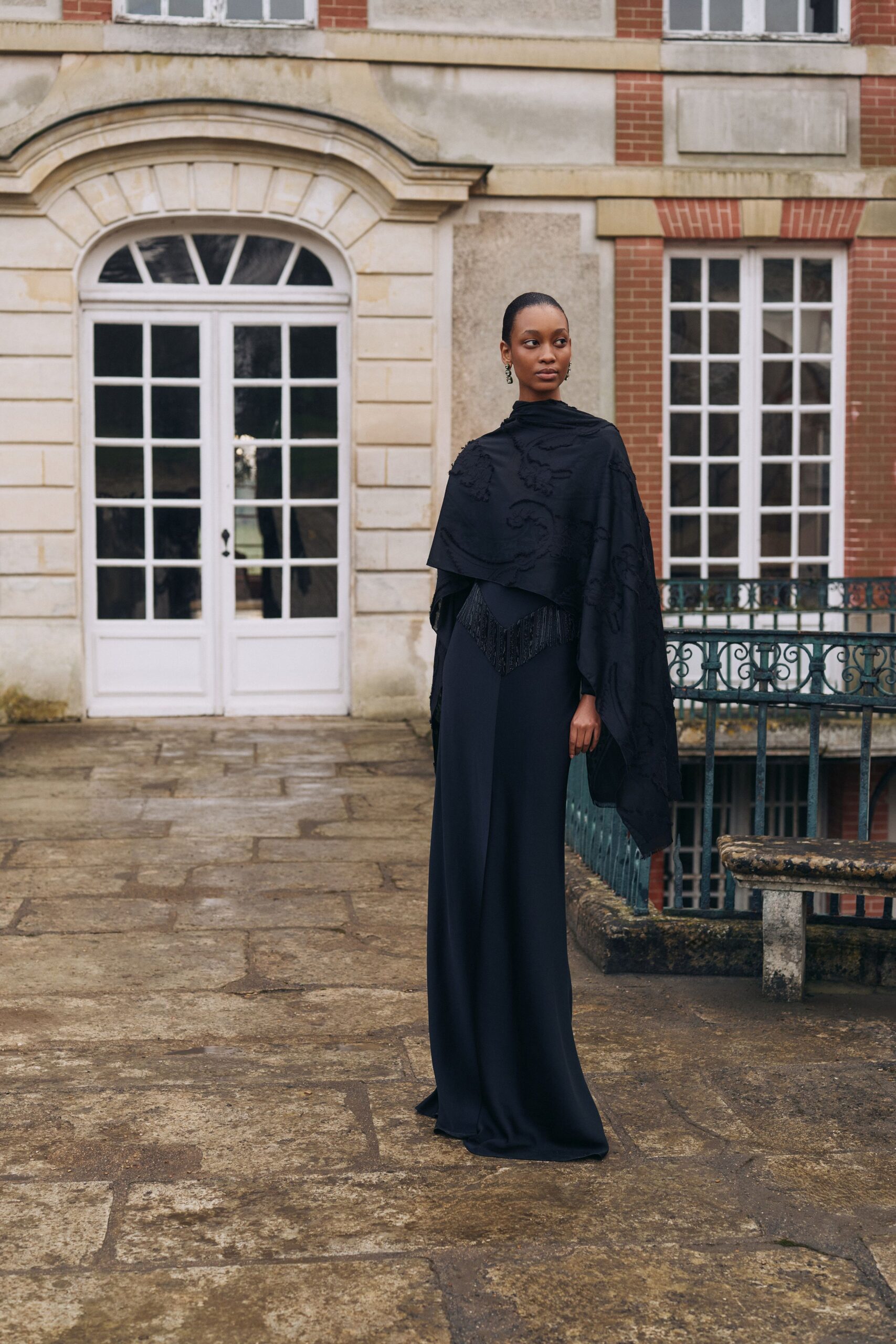 black silk sleeveless relaxed fringed cape