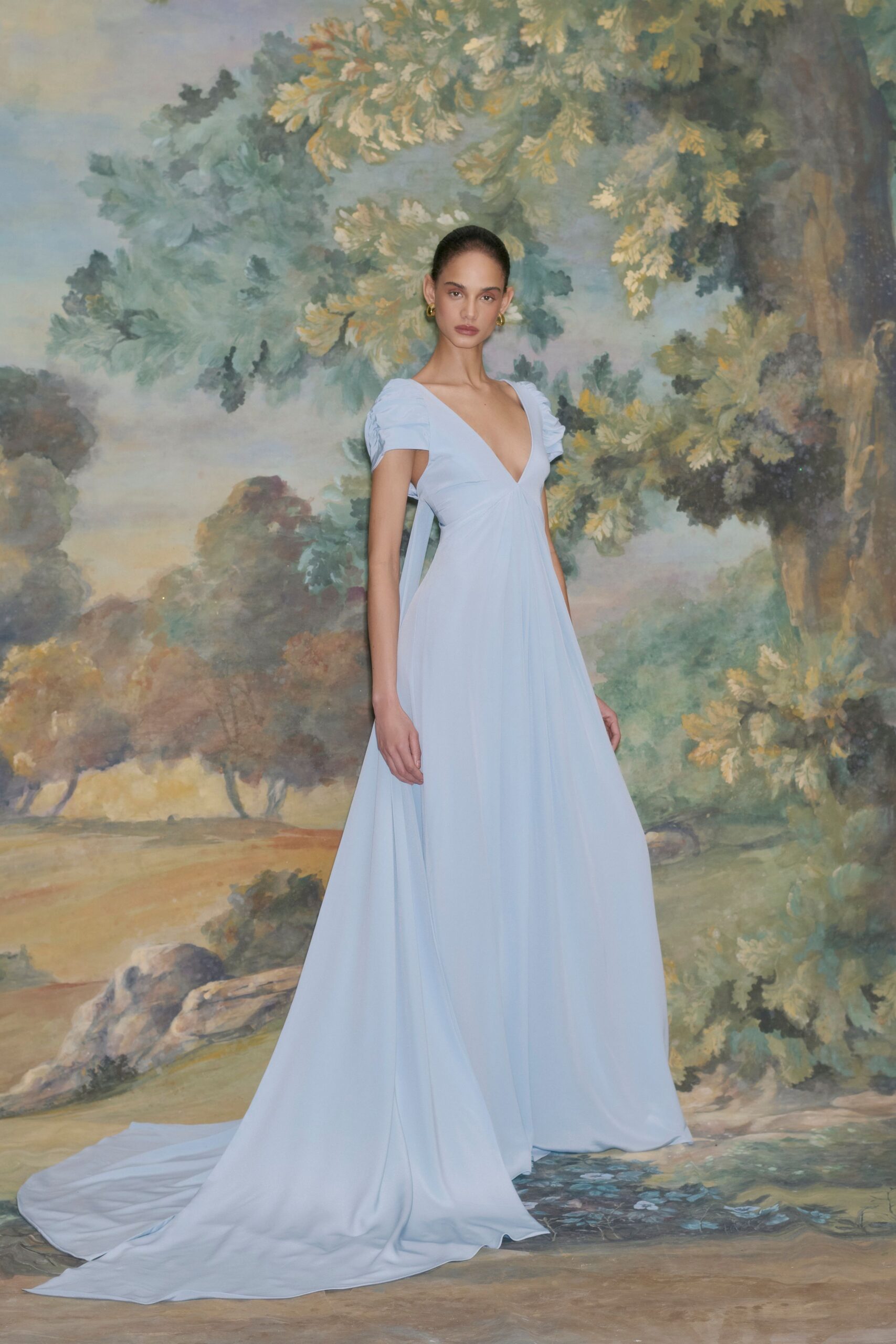 blue silk sleeveless gown