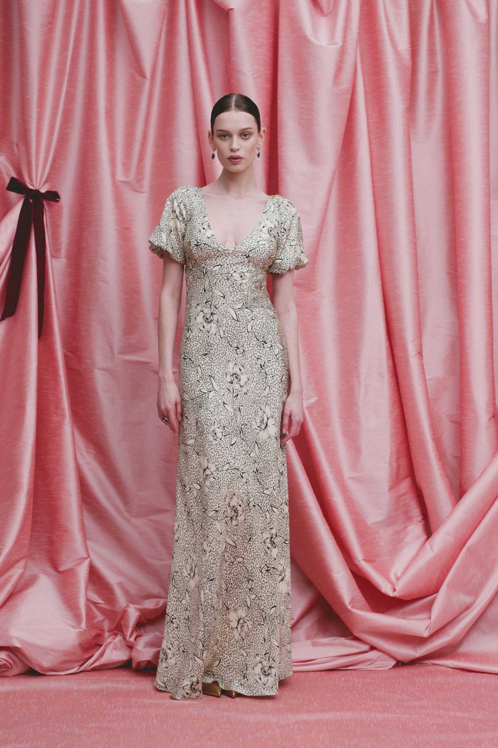 beige printed silk gown