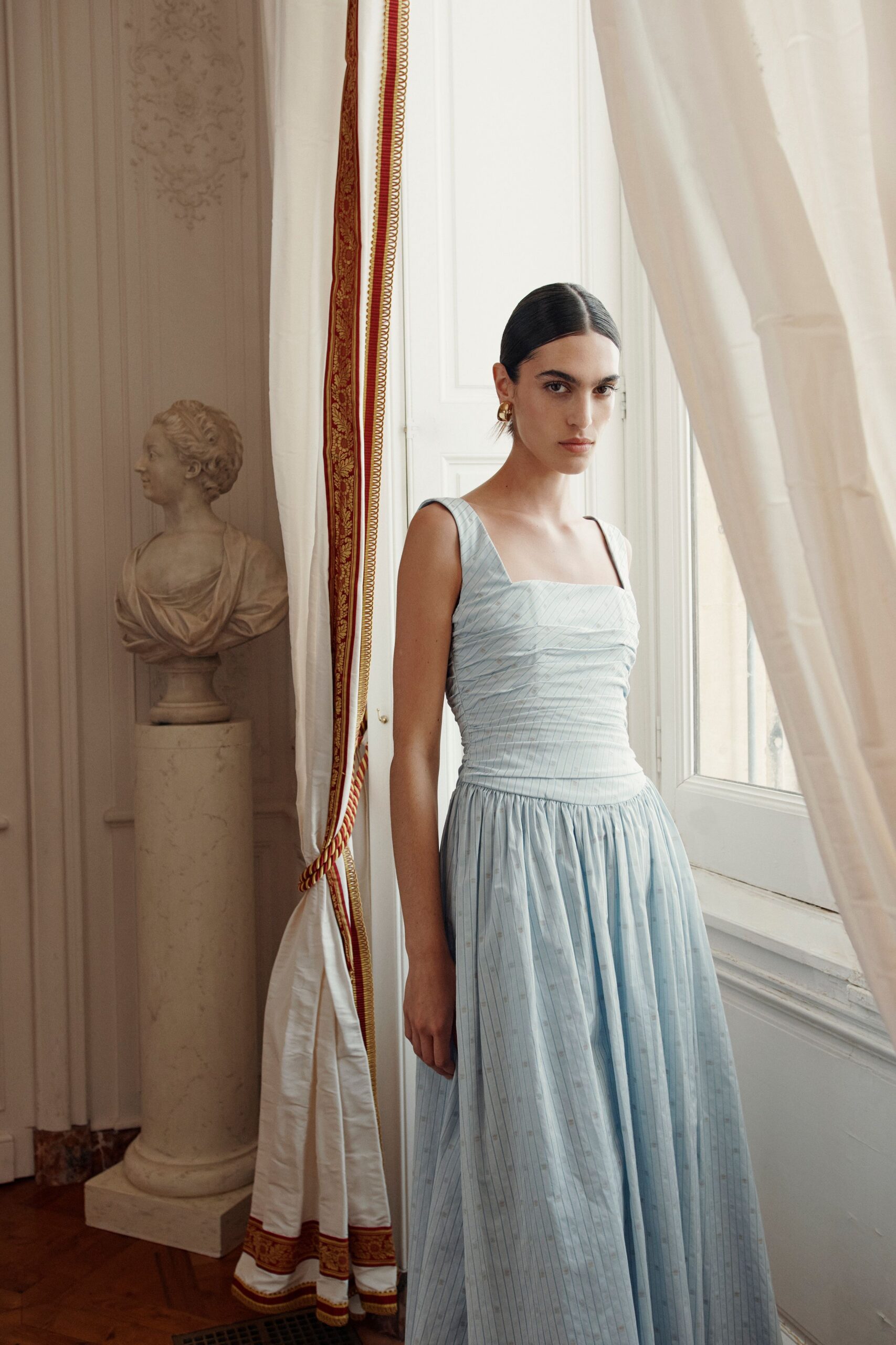 blue silk pleated gown