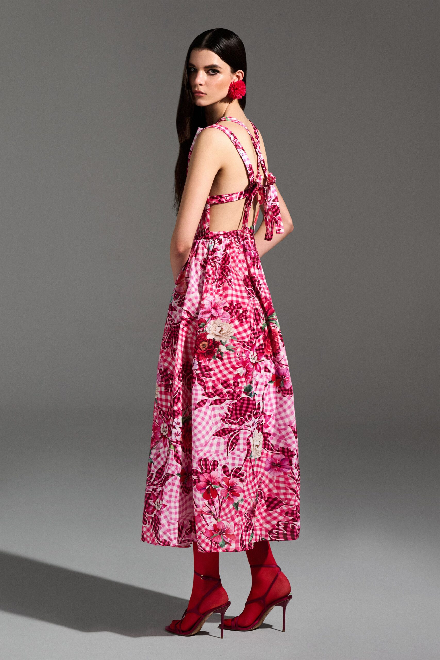 pink cotton sleeveless backless fitted floral checked dress