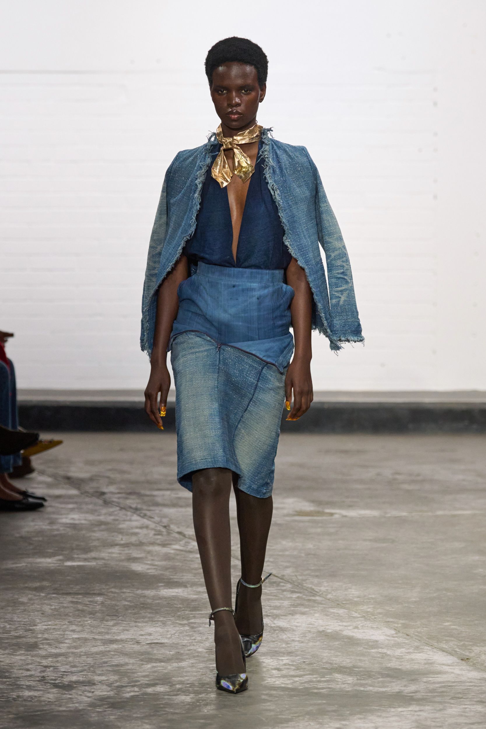 blue denim long-sleeve collared structured fringed jacket