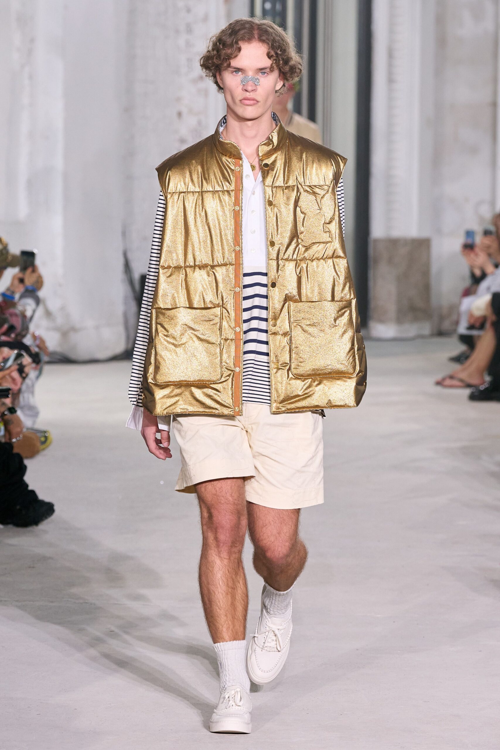 gold metallic vest with striped shirt