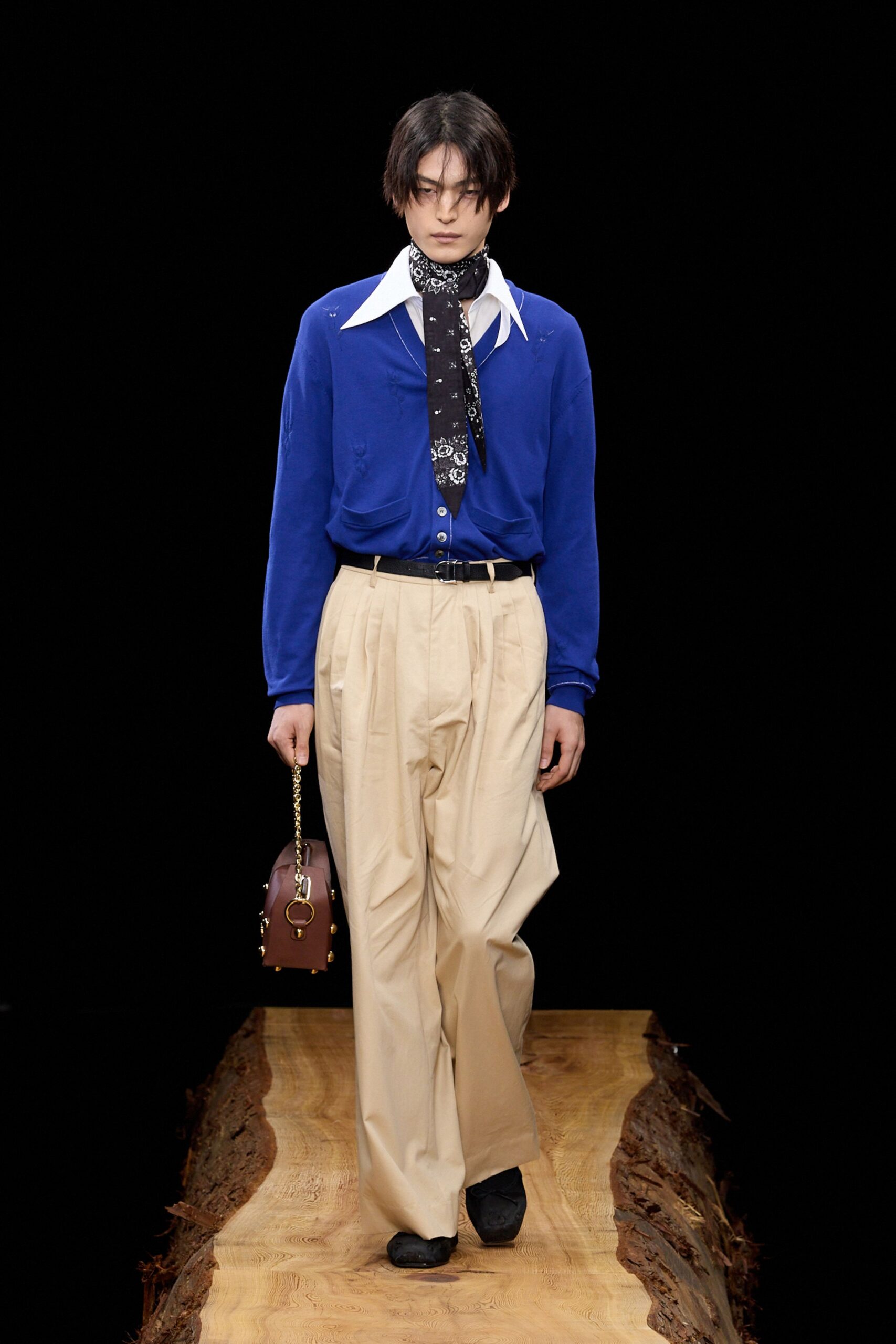 blue relaxed shirt beige pants