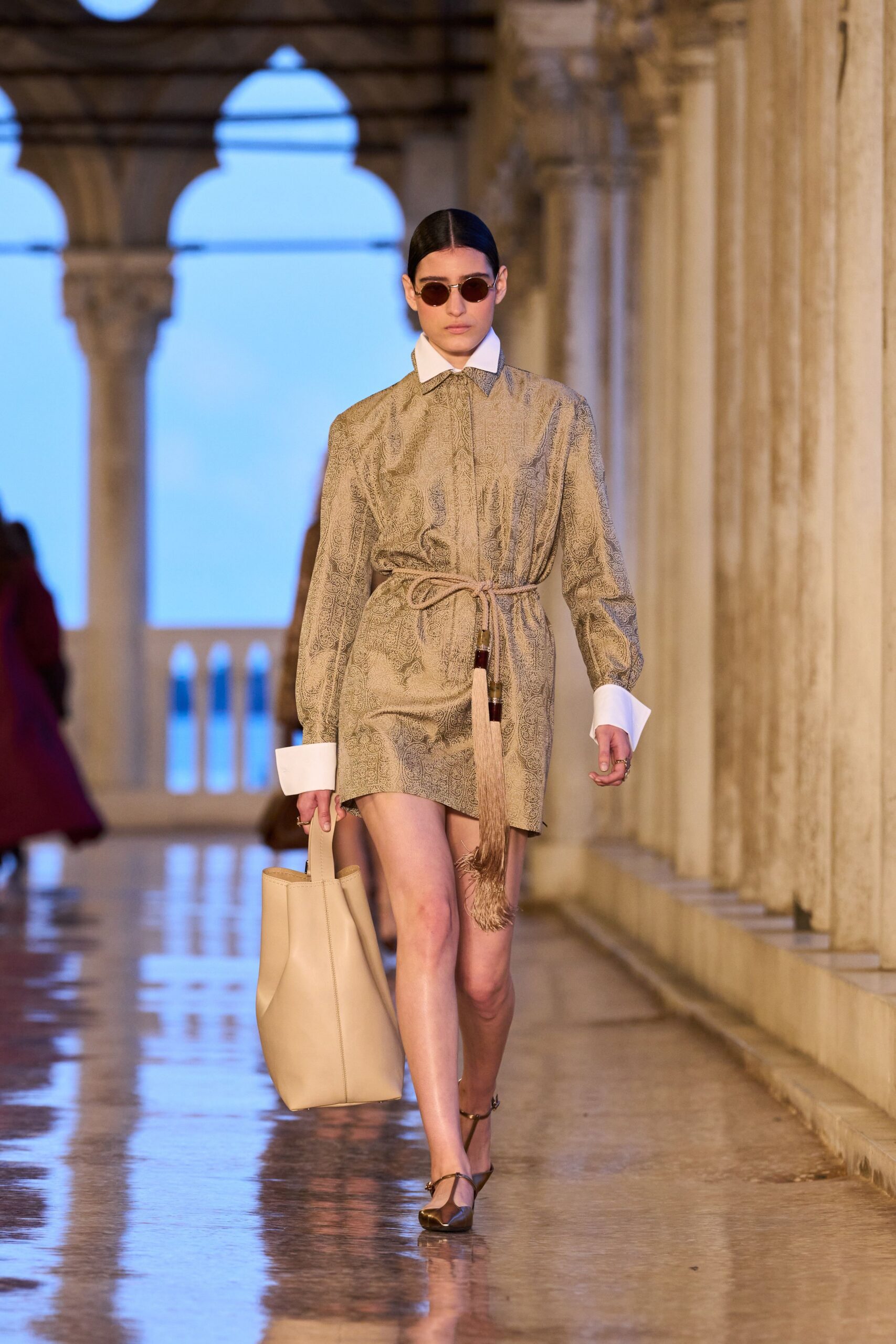 beige printed shirt-dress with accessories