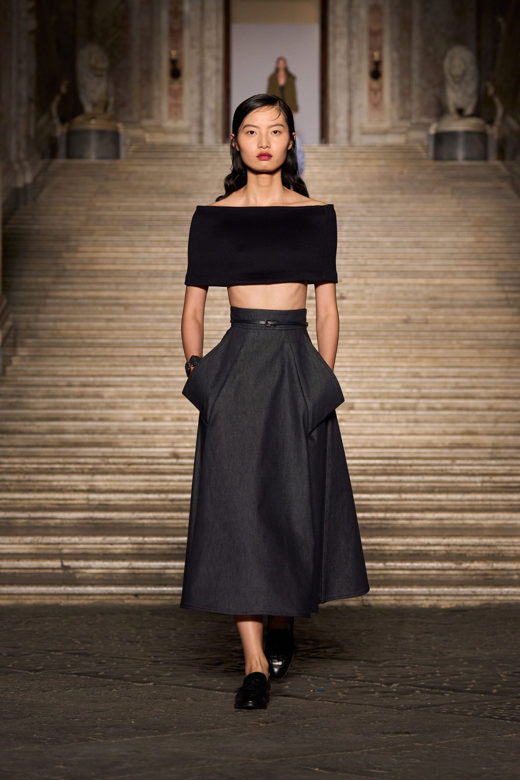 blue denim relaxed high-waisted pleated midi skirt