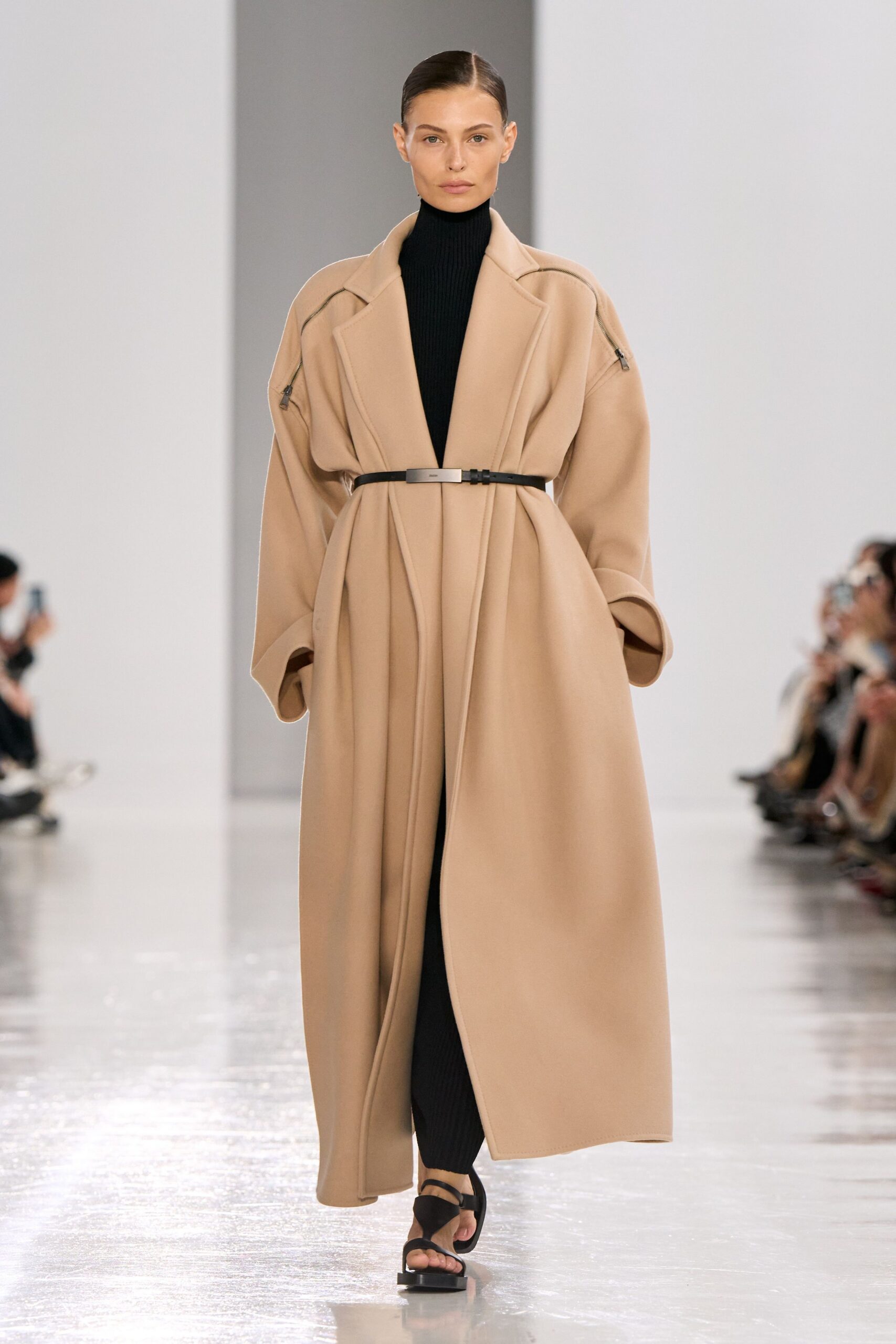 beige wool long-sleeve collared oversized belted maxi coat