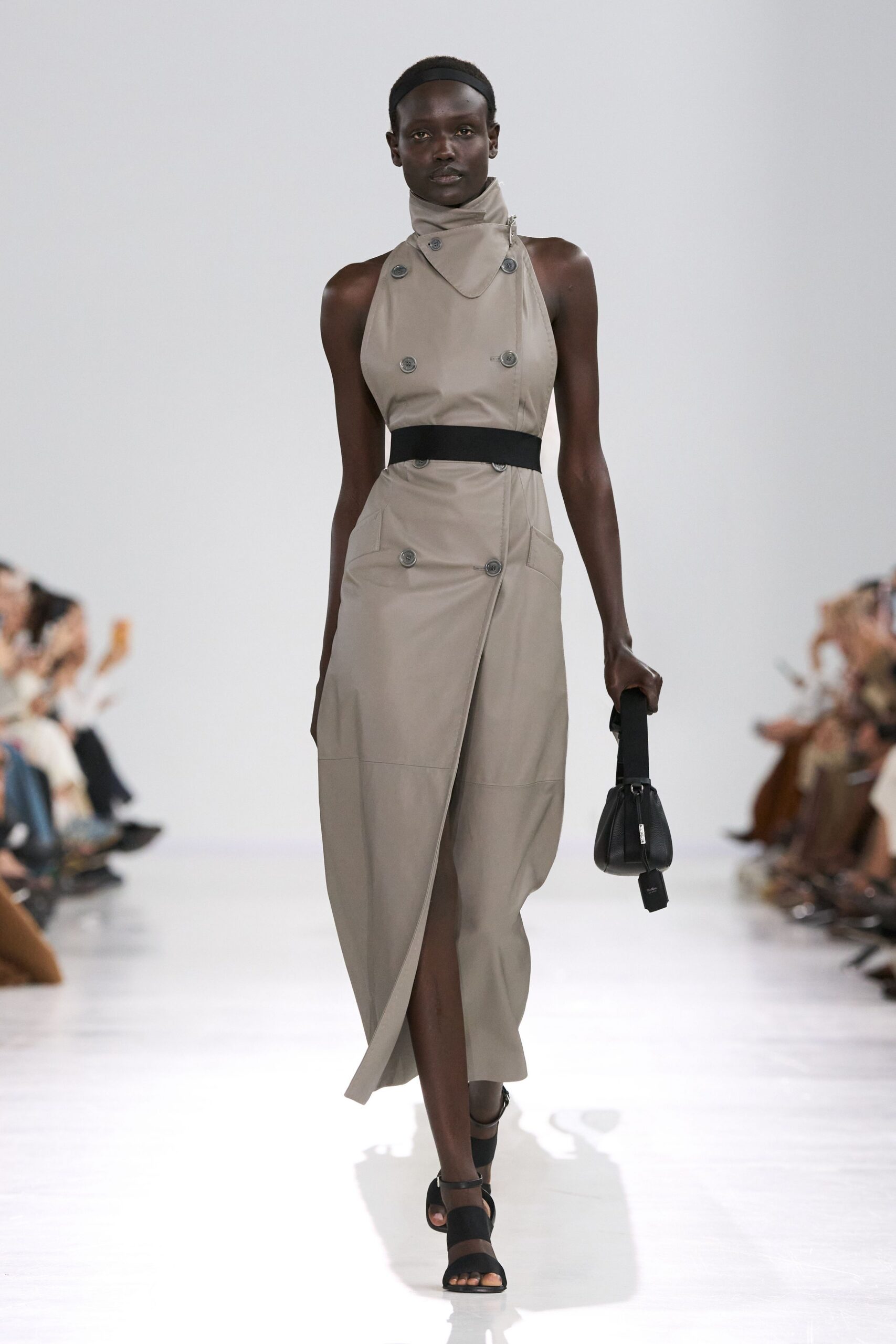 beige leather sleeveless high-neck fitted zippered midi dress