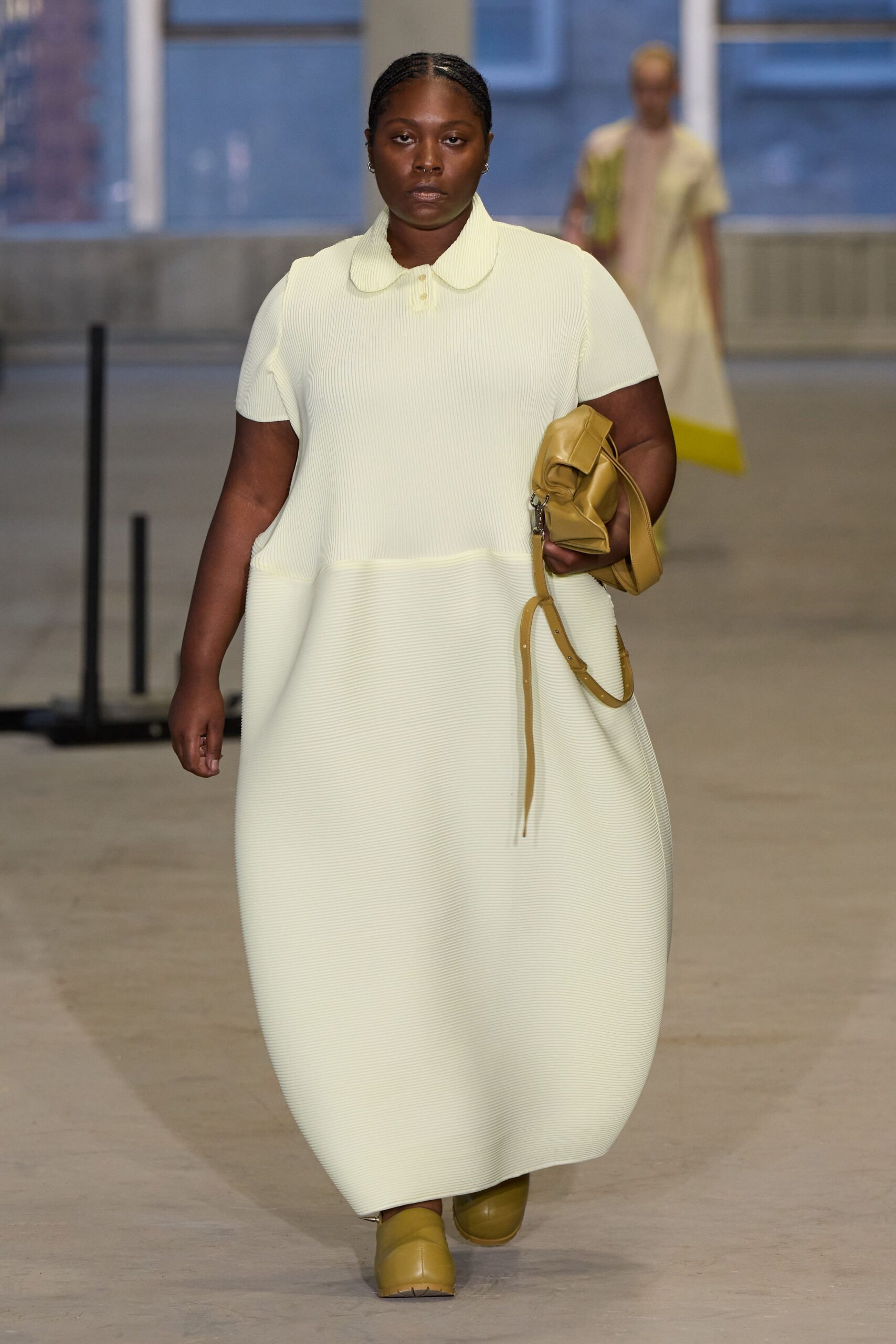 yellow cotton short-sleeve collared relaxed pleated maxi dress